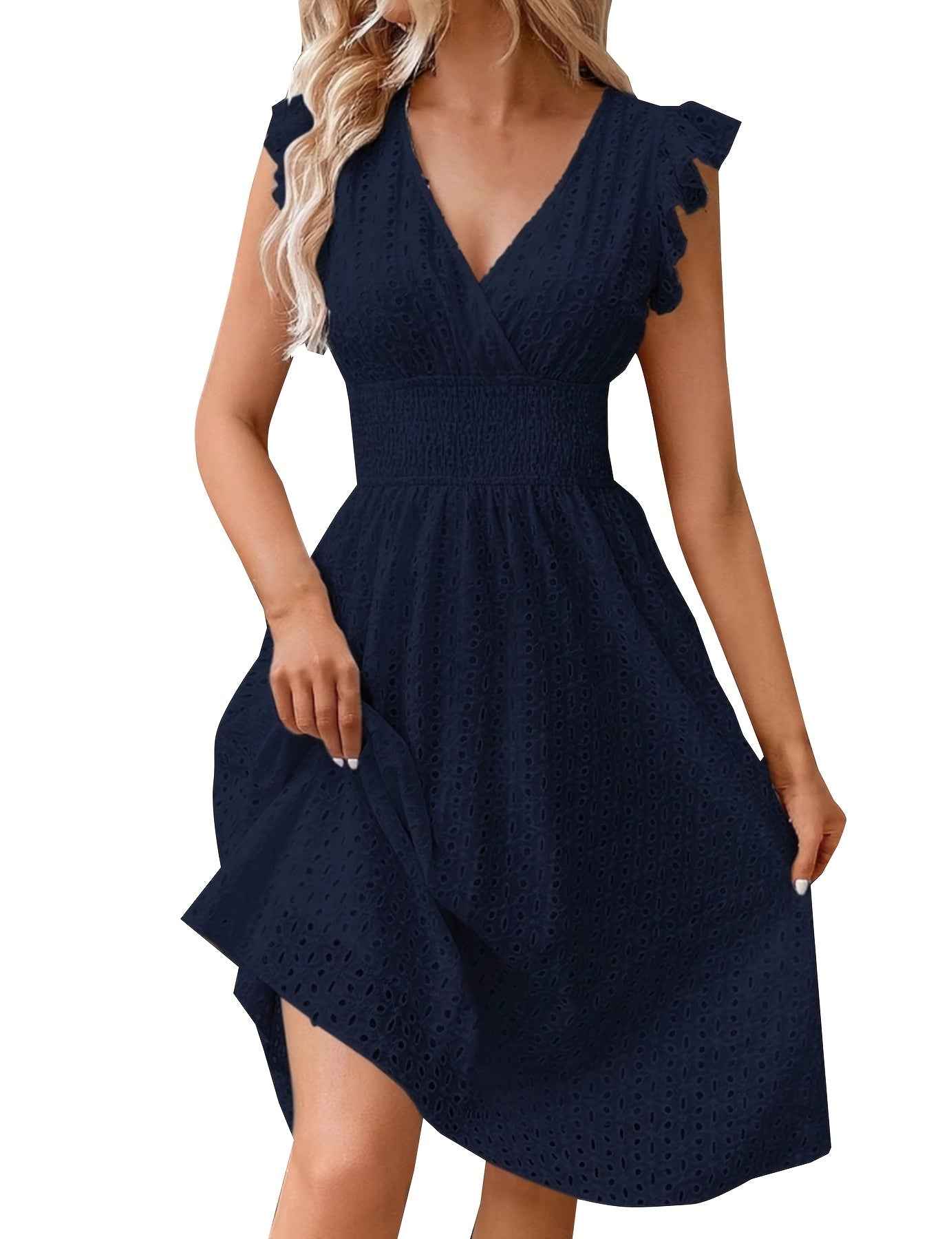 Elegant Ruffle Sleeve V-Neck Dress with Tiered Hem - Navy Blue, Knee-Length, Perfect for Spring & Summer, Women'S Fashion, Casual Elegance | Tiered Hem Dress | Ruffle Sleeve Dress