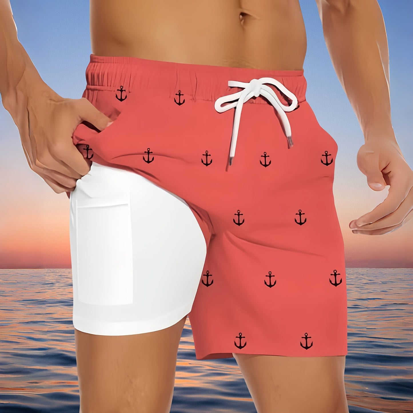 Men'S Plus Size Casual Beach Shorts - Double Layer, Quick-Dry, Drawstring Waist, Print Anchor Design, Red, Perfect for Tropical Vacations & Summer Sports, Beach Short - SeviSa