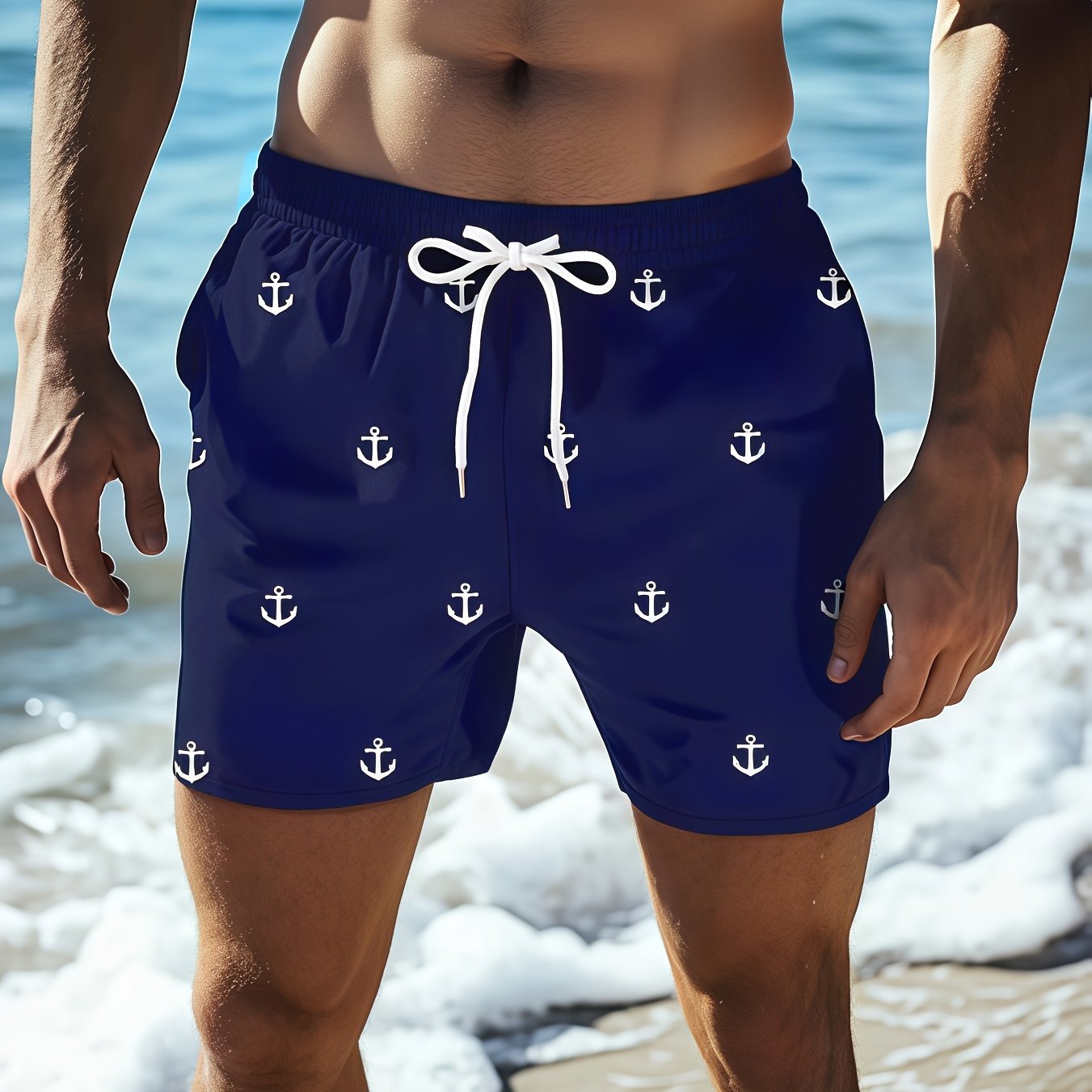 Men'S Plus Size Casual Beach Shorts - Double Layer, Quick-Dry, Drawstring Waist, Print Anchor Design, Red, Perfect for Tropical Vacations & Summer Sports, Beach Short - SeviSa