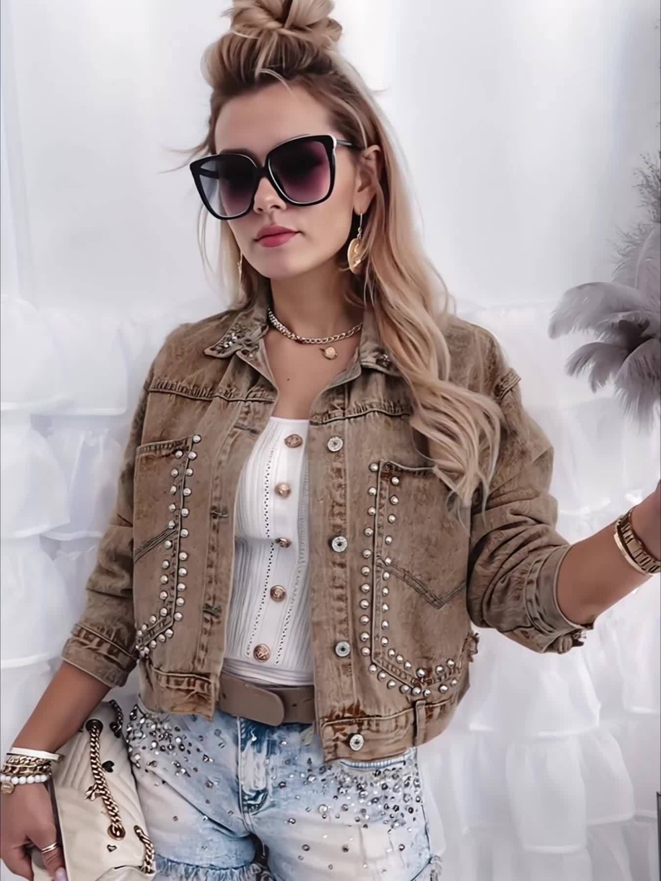 European and American Women's open-front studded short jacket with an OVERSIZE fit, size runs large; if you prefer a slim fit, consider purchasing one size smaller - SeviSa