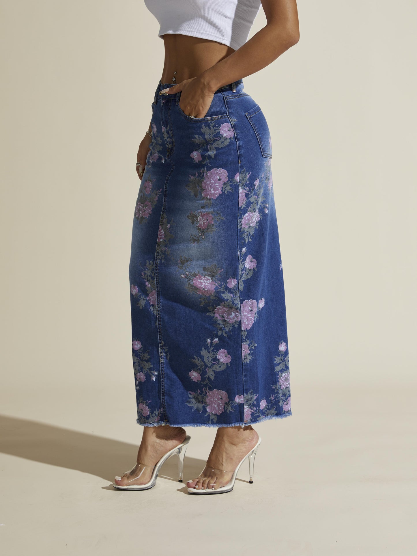 Floral Print Elegant Vintage Style Split Hem Whiskering Maxi Denim Skirt, Women's Denim Jeans & Clothing - SeviSa