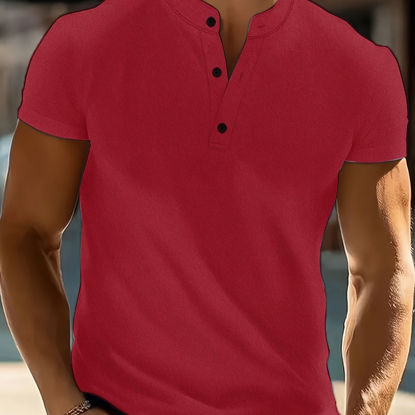 Men's Summer Short Sleeve T-Shirt - Lightweight Breathable Stand Collar Shirt with Button Detail, Solid Color Casual Sports Top for Business Casual & Outdoor Activities, Leisure Outing Apparel, Comfortable Fit Tee - SeviSa