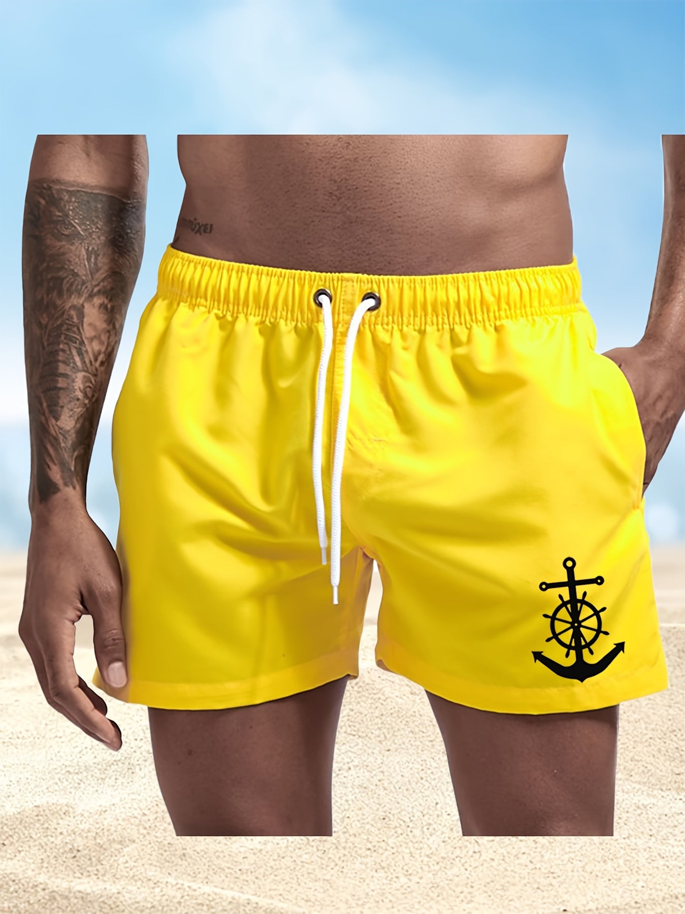 Men's Quick-Dry Swim Shorts - Navy Blue Board Shorts with Anchor design, Elastic Drawstring Waist - Lightweight Beach Swim Trunks for Surfing, Swimming, Gym, Vacation - Fast-Drying Quick Suit for Ocean & Pool Activities, Swim - SeviSa