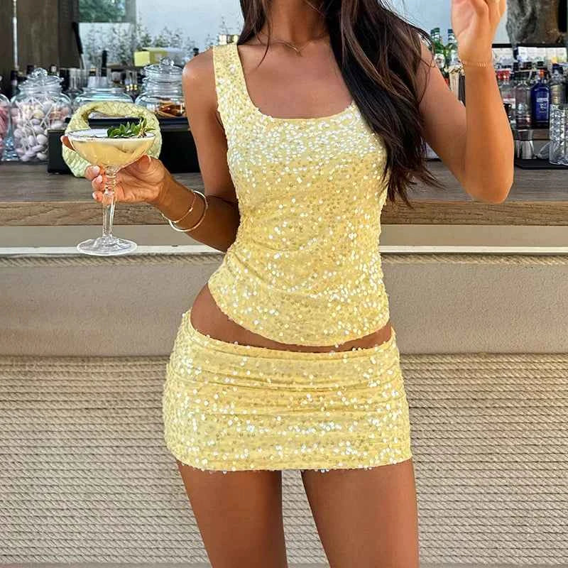 Women Sparkly Sequin 2 Piece Skirt Outfits Summer Sleeveless Crop Tank Top Sexy Bodycon Mini Skirt Matching Sets Club Party Rave