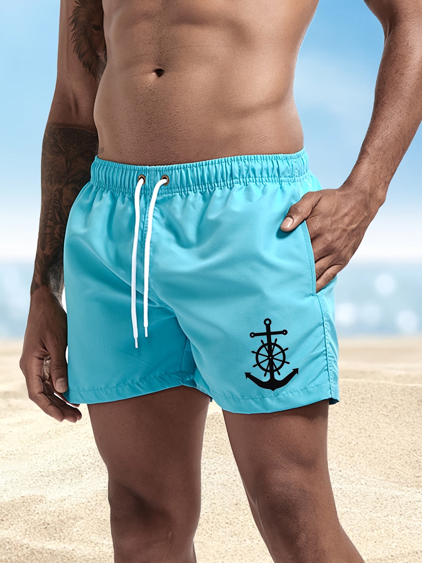 Men's Quick-Dry Swim Shorts - Navy Blue Board Shorts with Anchor design, Elastic Drawstring Waist - Lightweight Beach Swim Trunks for Surfing, Swimming, Gym, Vacation - Fast-Drying Quick Suit for Ocean & Pool Activities, Swim - SeviSa