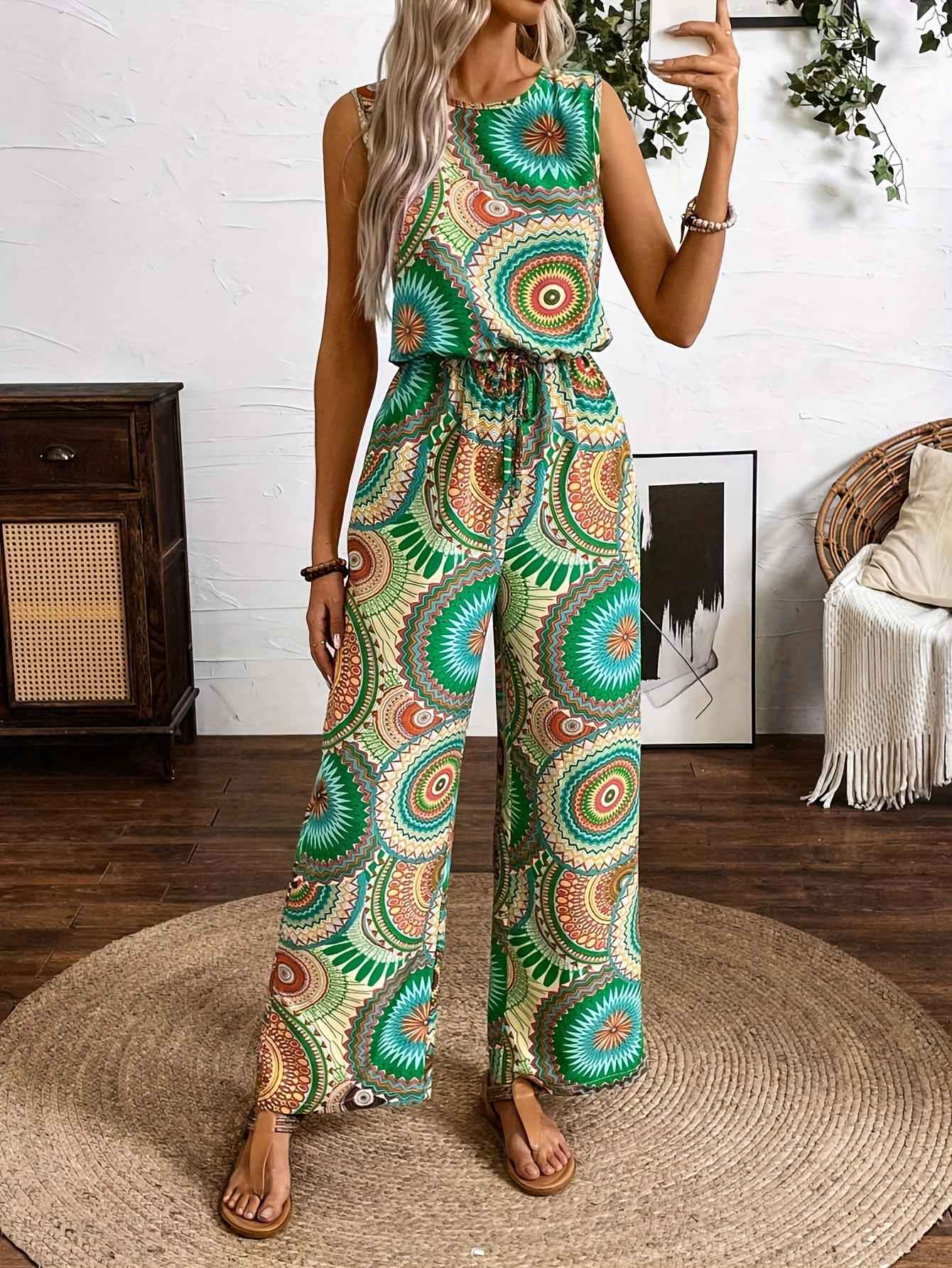 Casual Vacation Ethnic Style Sleeveless Women'S Jumpsuit with Circular Print