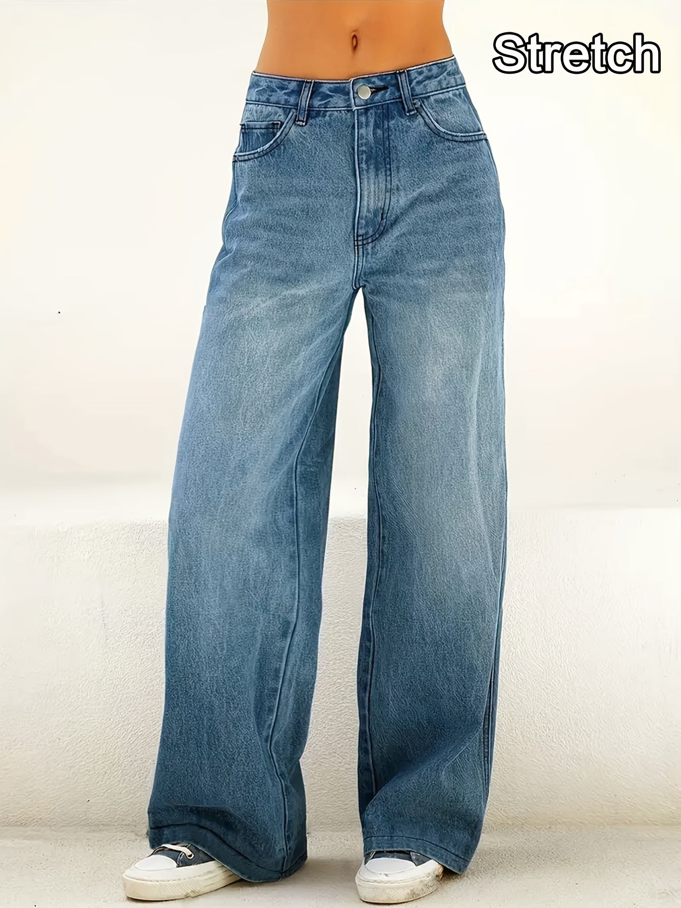 Women'S High-Waisted Stretch Straight-Leg Jeans - Light Blue Washed Denim with Pockets, Comfortable Casual Pants for Work & Travel, All-Season Versatile Style, High Waisted Jeans, Travel Clothing, Classic Straight Legs, Durab - SeviSa