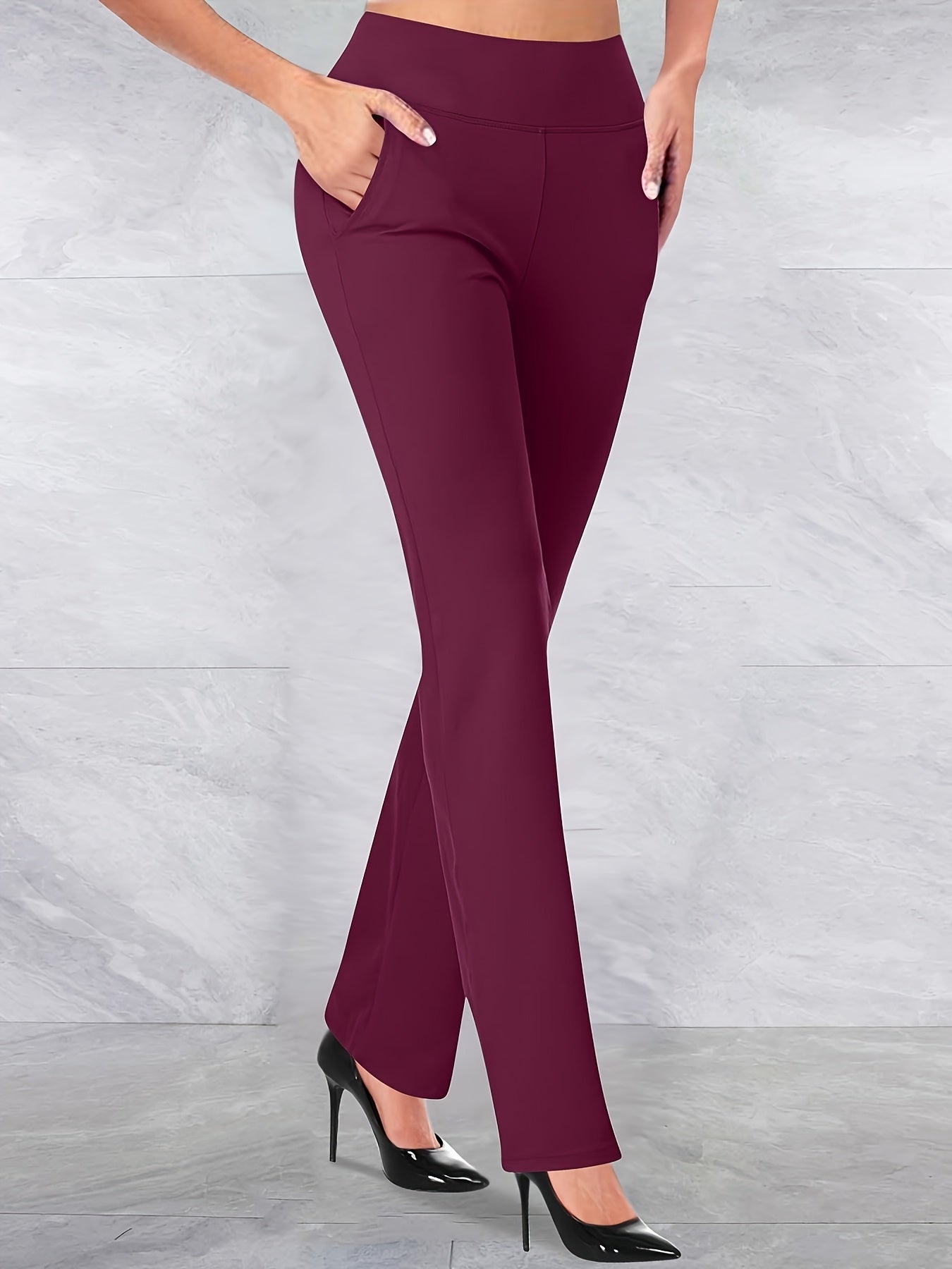 Women'S Elegant Solid Color Knit Flare Jeans - Stylish Long-Length, Polyester, No Belt, Spring/Fall Fashion, Adult, Pockets, Casual Wear|Flare Jeans|Polyester Fabric - SeviSa