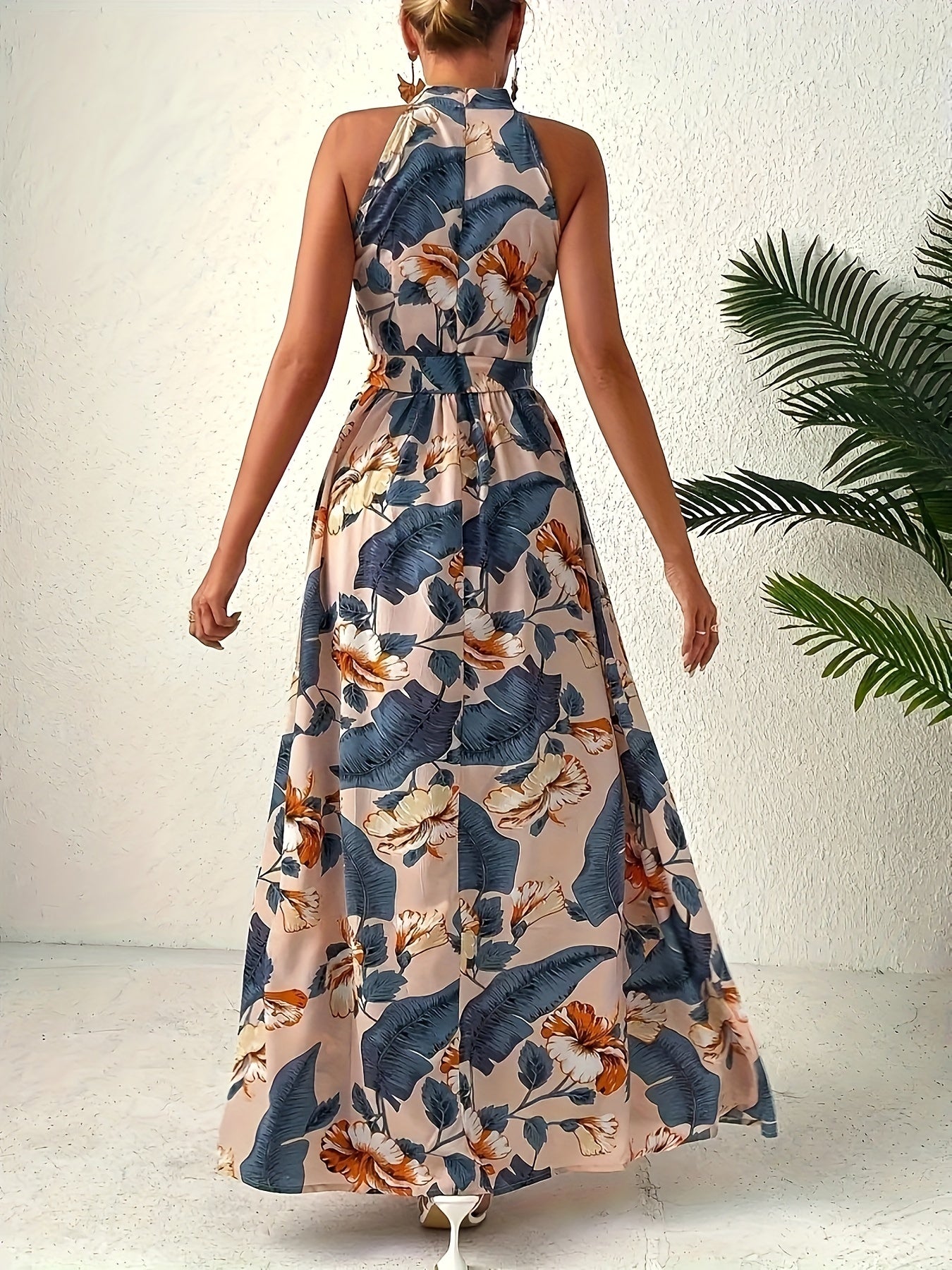 Elegant Bohemian Maxi Dress with Lace-Up Detail - High-Waisted, Sleeveless, Floral Print, Light Brown and Blue, Perfect for Adult Women, All-Season Versatile, Adult Women'S Dress|Floral Print Dress|Laceup Detail - SeviSa