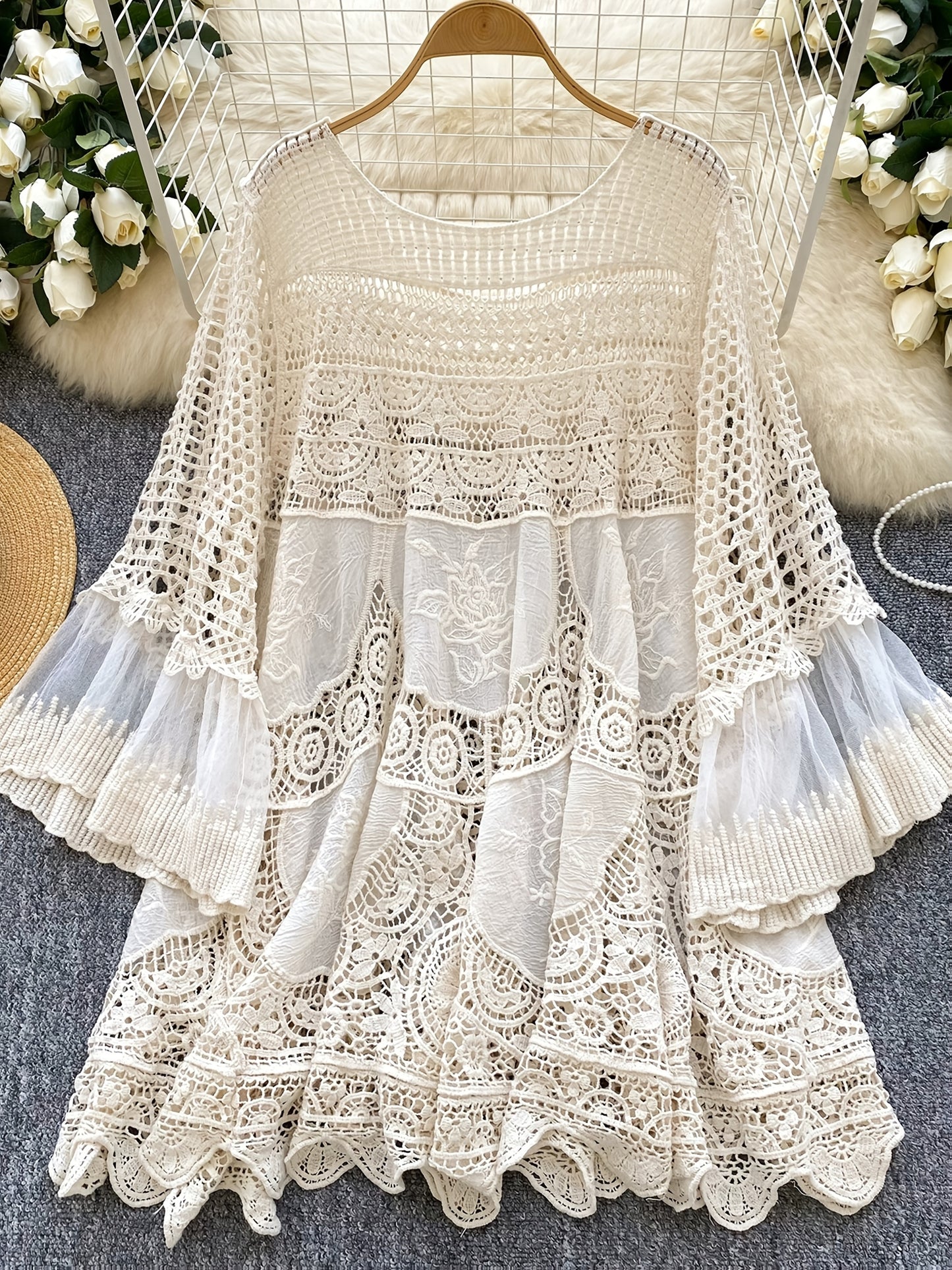 Women's Bohemian Vintage Lace- Dress - Long Sleeve A-Line Midi Dress with Crochet Cut-Out Details, Semi-Sheer Round Neck Boho Dress for Casual & Formal Occasions, Cute Dresses, Special Occasion Wear, Intricate Crochet Design - SeviSa