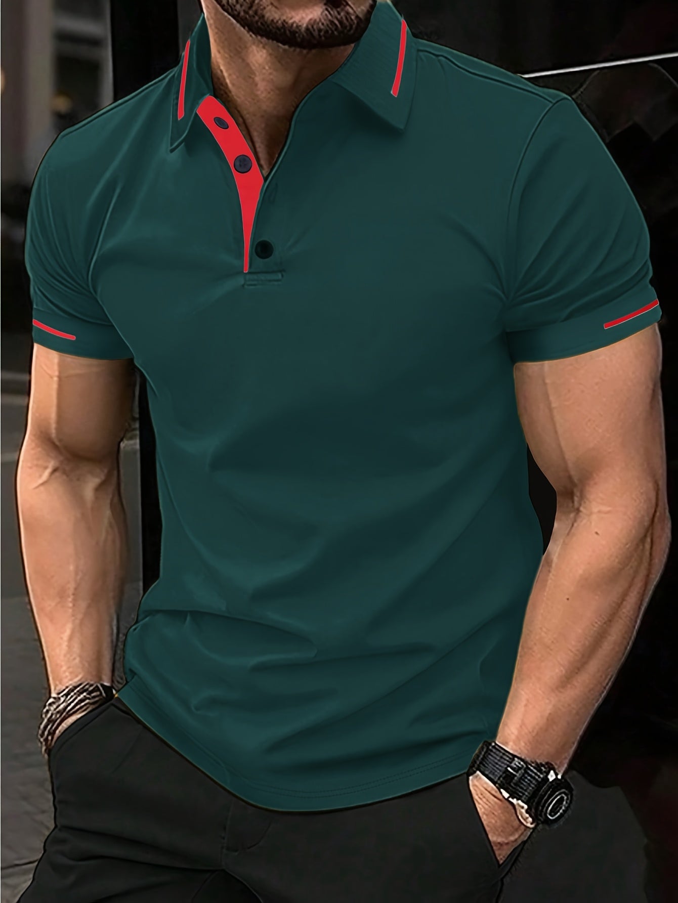 Men's Summer Casual Sport T-Shirt - Breathable Short Sleeve Button-Up with Red Trim, Dark Green Solid Color, Regular Fit for Running, Outdoor & Casual Attire, Sports T Shirt, Durable Sportswear - SeviSa