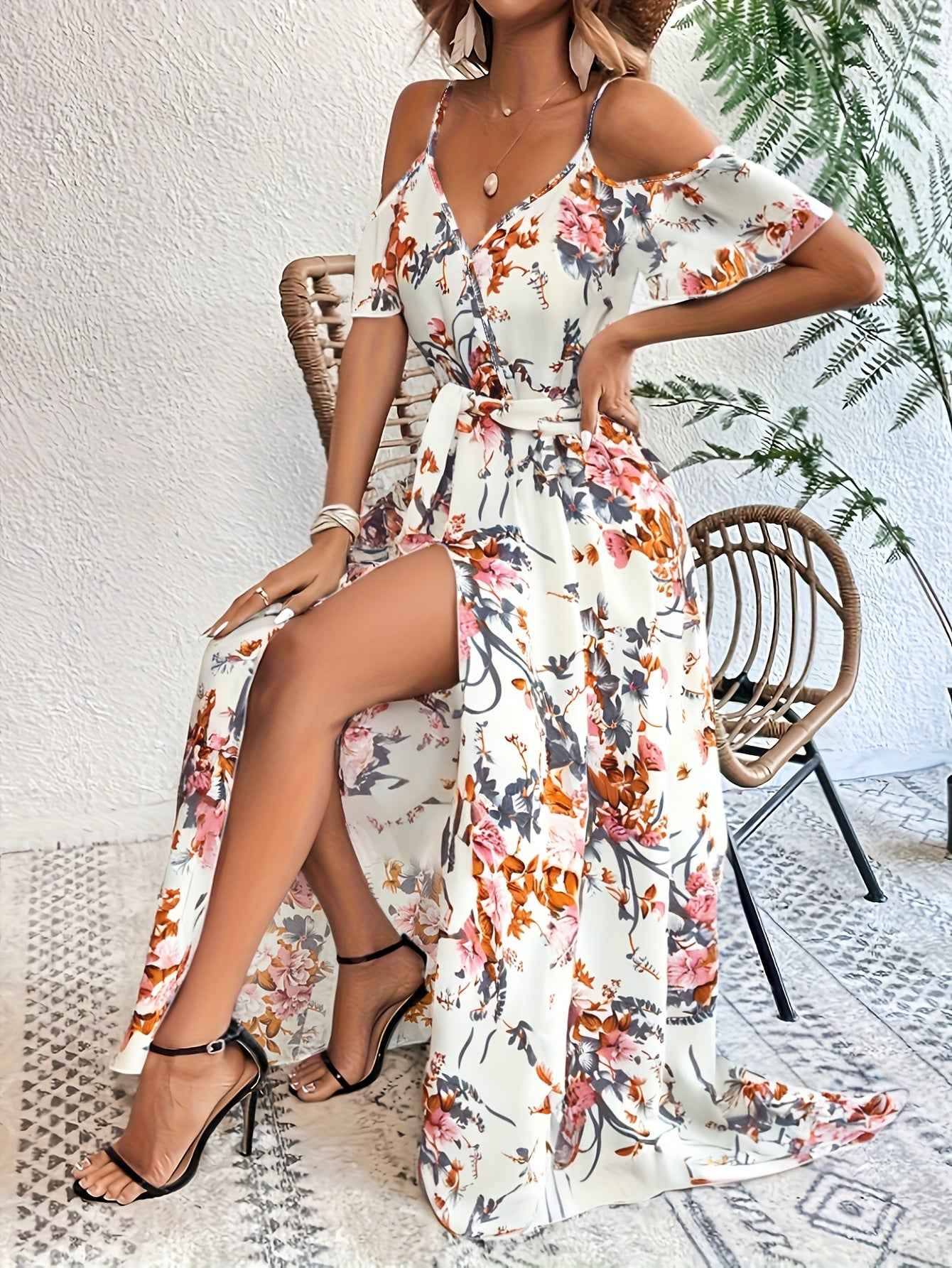 Elegant Floral Print V-Neck Maxi Dress with Tie-Waist and Ruffle Detail - Sleeveless, Flowy A-Line Skirt for Women, Perfect for Summer, Elegant Event Wear|Floral Print Dress|Polyester Fabric