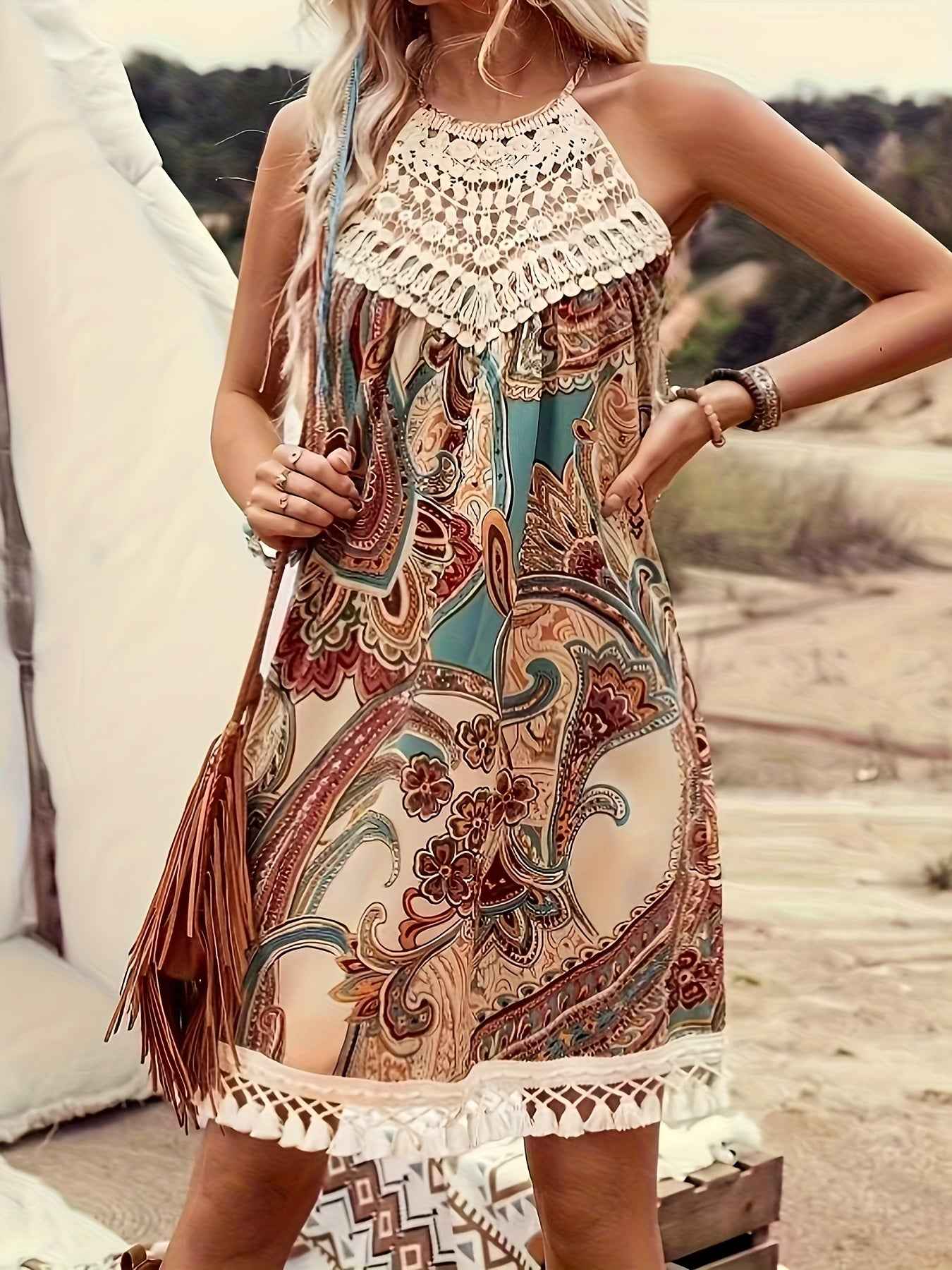 Bohemian Style Sleeveless Dress for Women - Vibrant Paisley Print with Tassel Detail, Off the Shoulder, Fringe Detailing, Perfect for Summer Beach Outfits, Beach Dresses