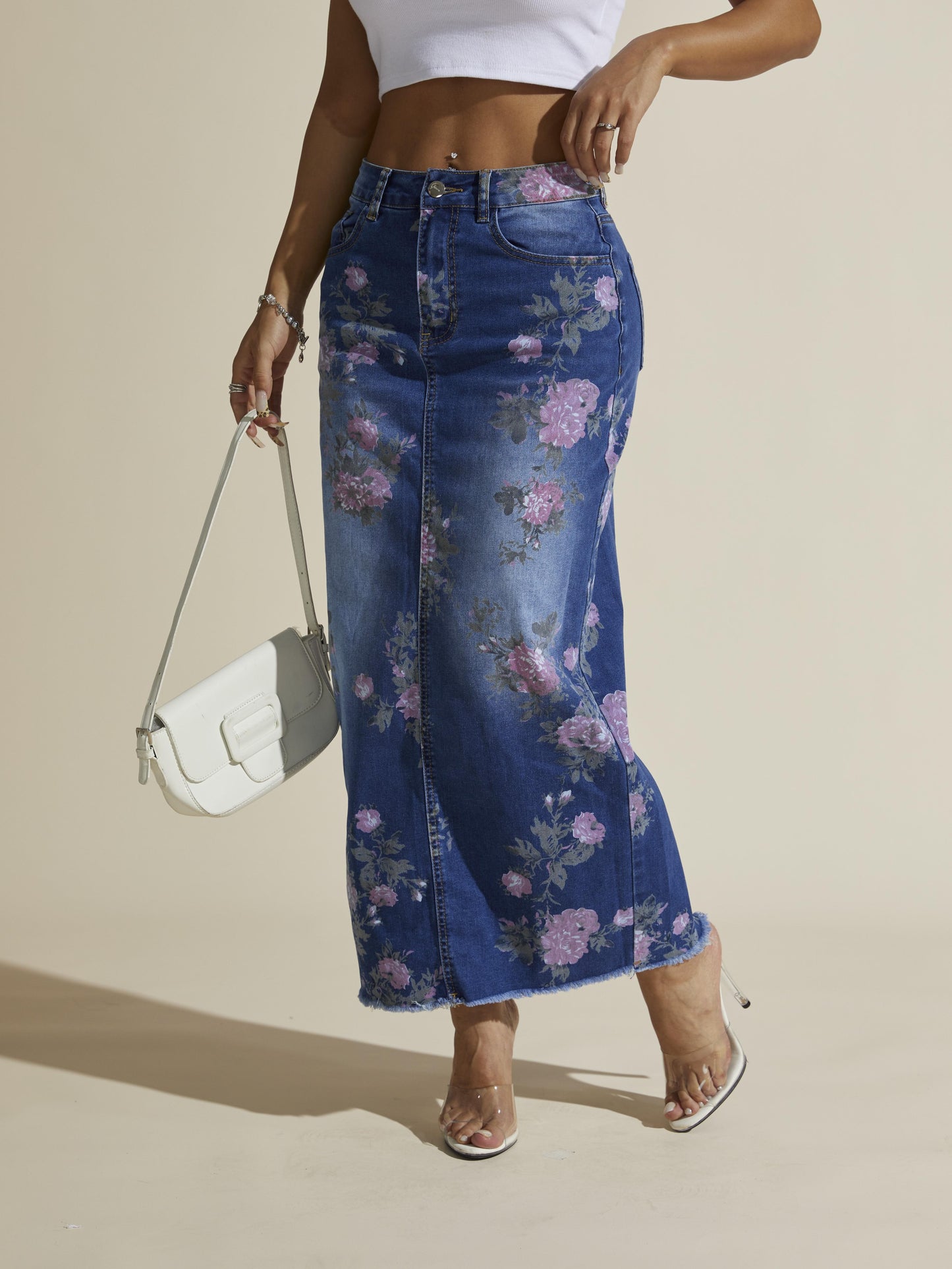 Floral Print Elegant Vintage Style Split Hem Whiskering Maxi Denim Skirt, Women's Denim Jeans & Clothing - SeviSa