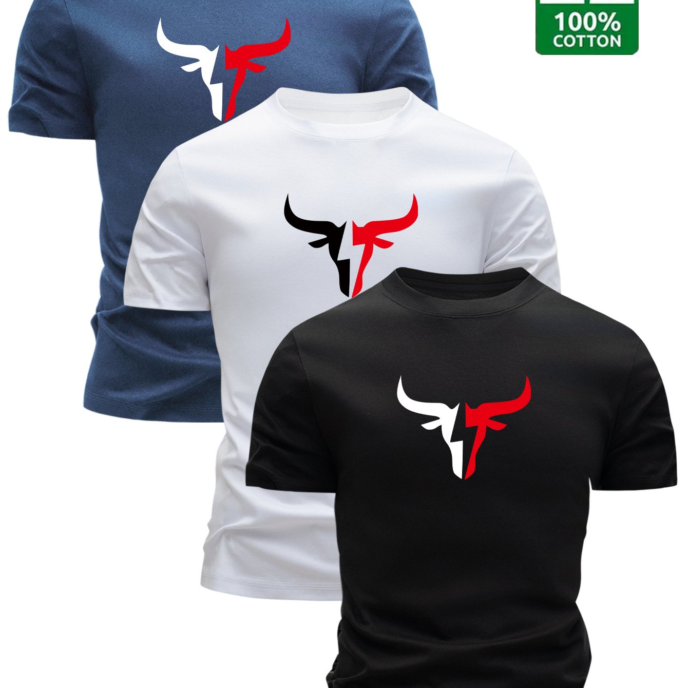3pcs Men's 100% Cotton Graphic T-Shirts - Bold Bull Head & Letter Print, Slim Fit Short Sleeve Round Neck Tees for Summer Casual Wear, Breathable & Machine Washable, Everyday Comfort | Durable Fabric - SeviSa