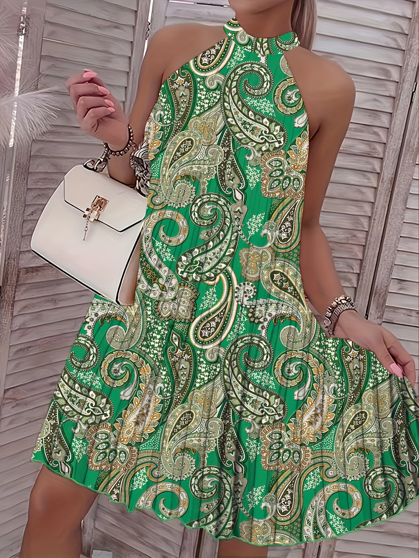 2024 European And American Summer New Geometric Pattern Printed Sleeveless Pleated Off-Shoulder Vacation Style Dress - SeviSa