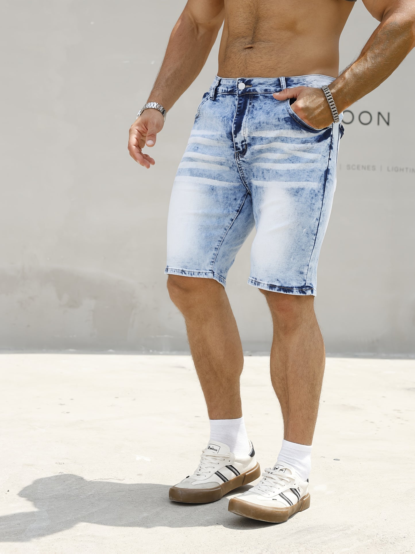 Plus Size Men's Heavy-Distressed Stretch Denim Shorts - Slim Fit Casual Summer Shorts with Pockets, Machine Washable, Blue & White Washed Design, Comfortable Wear, Durable Fabric, PLUS SIZE - SeviSa