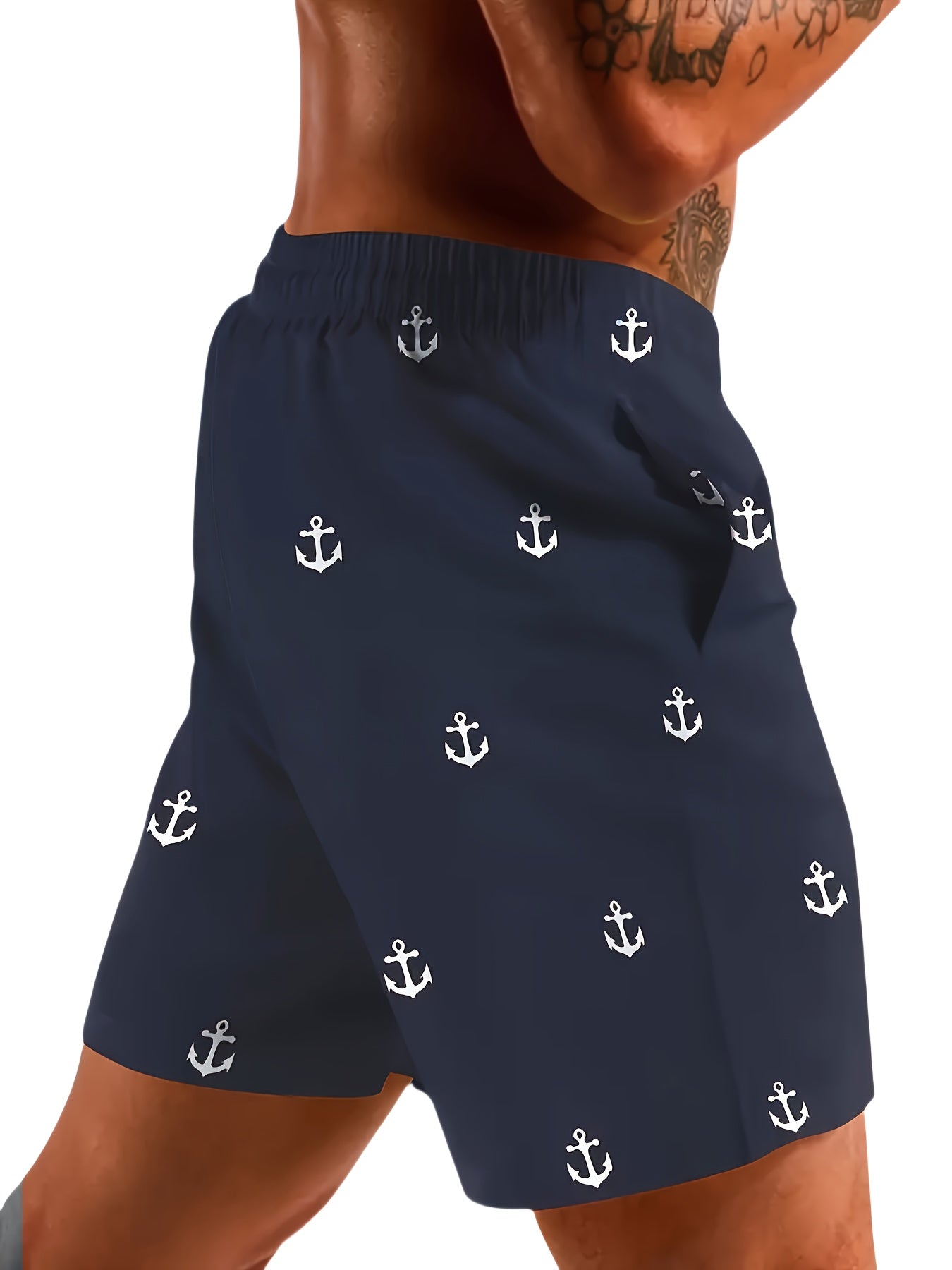 Men'S Plus Size Casual Beach Shorts - Double Layer, Quick-Dry, Drawstring Waist, Print Anchor Design, Red, Perfect for Tropical Vacations & Summer Sports, Beach Short - SeviSa
