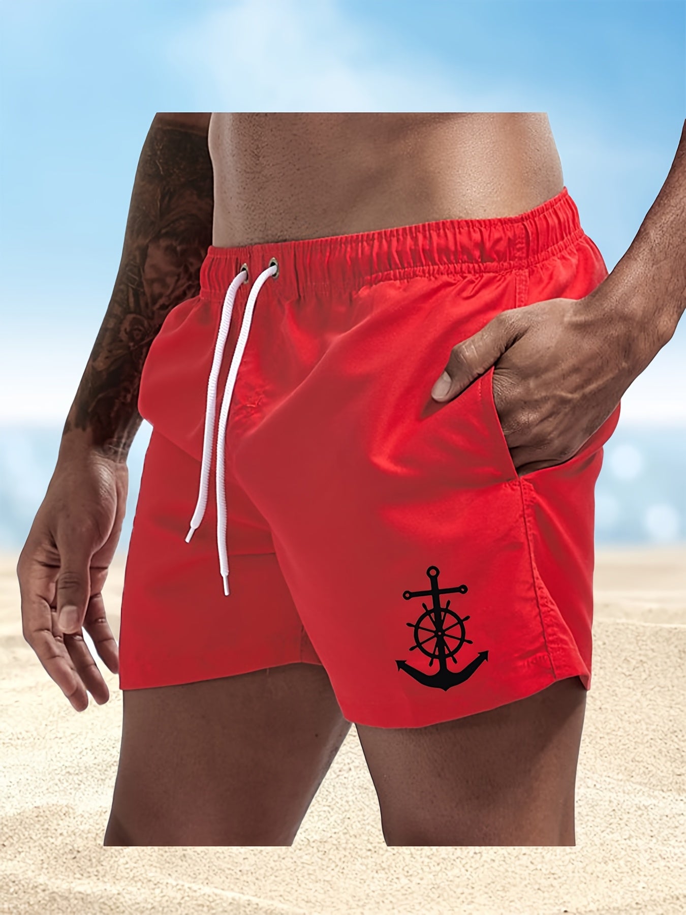 Men's Quick-Dry Swim Shorts - Navy Blue Board Shorts with Anchor design, Elastic Drawstring Waist - Lightweight Beach Swim Trunks for Surfing, Swimming, Gym, Vacation - Fast-Drying Quick Suit for Ocean & Pool Activities, Swim - SeviSa