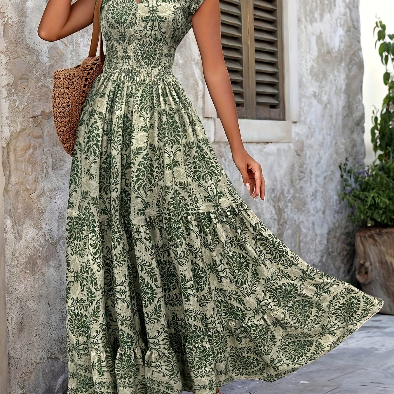 V-Neck Ruffled Hem Maxi Dress - Summer Beach Skirt with Floral Print, Cinched Waist & Flared Skirt, Lightweight Polyester for Adults, Beach Dresses - SeviSa