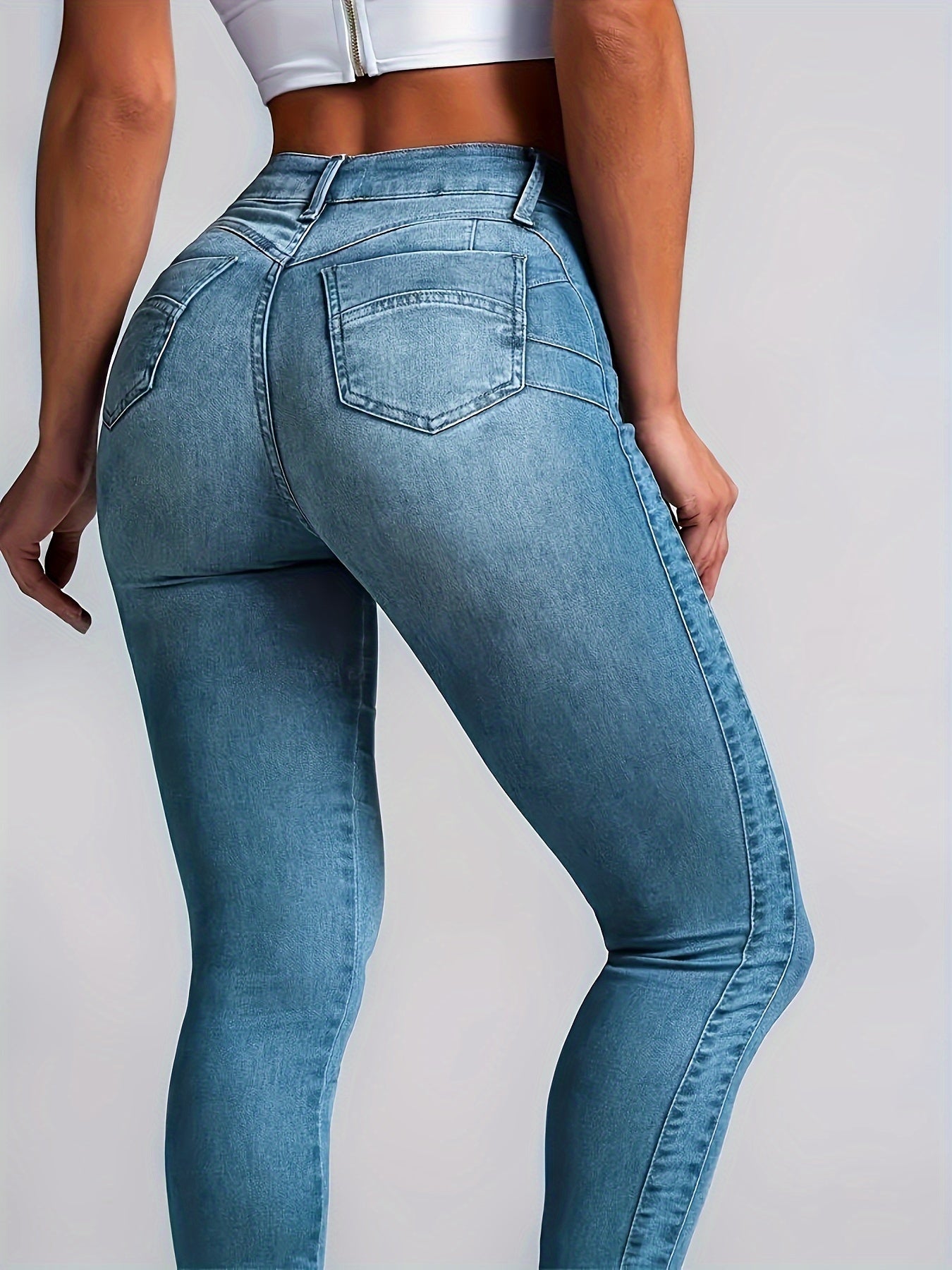 Women's Sexy High-Waisted Skinny Jeans, Stretch Denim, Plain Casual Fashion Pants, Light Blue For Fall - SeviSa
