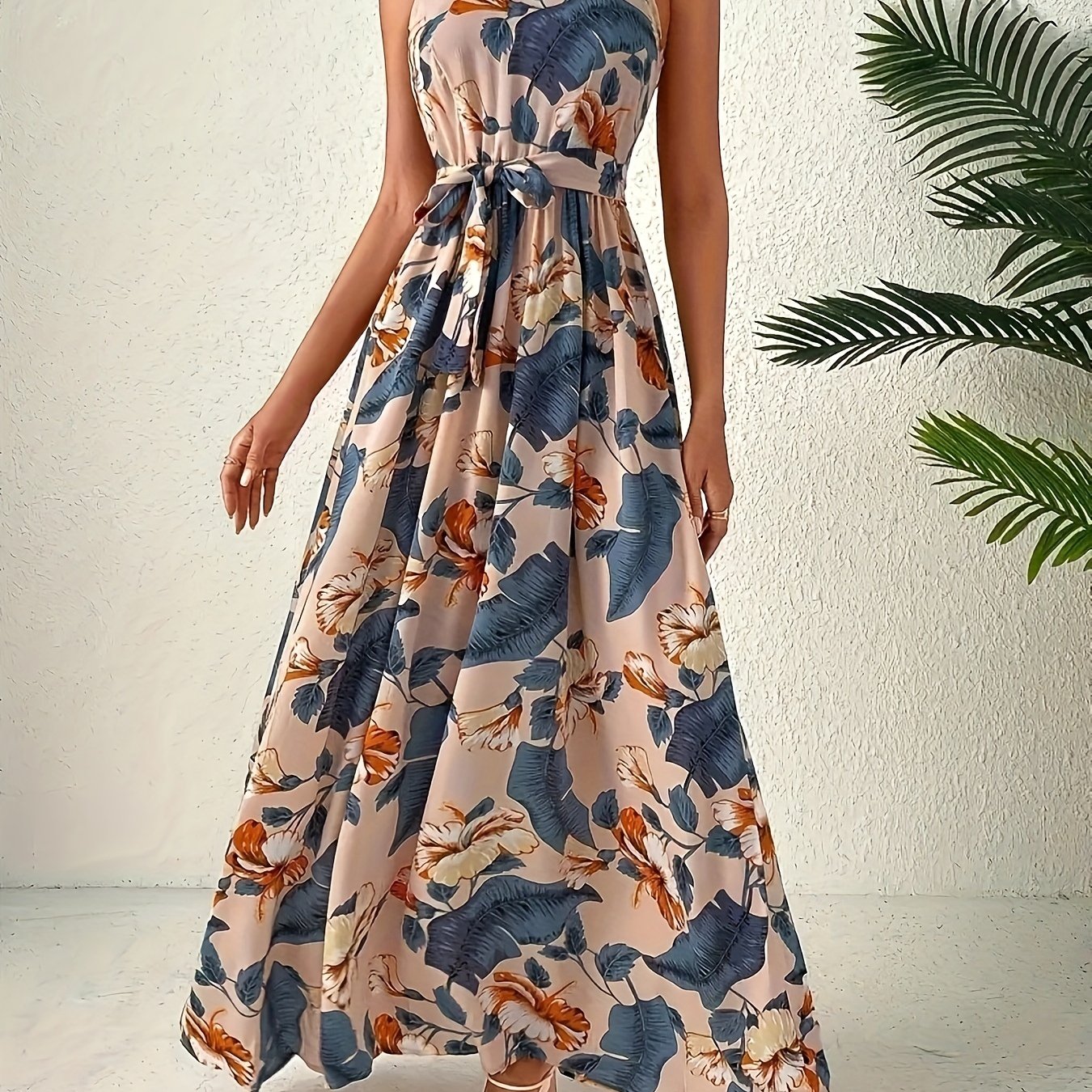 Elegant Bohemian Maxi Dress with Lace-Up Detail - High-Waisted, Sleeveless, Floral Print, Light Brown and Blue, Perfect for Adult Women, All-Season Versatile, Adult Women'S Dress|Floral Print Dress|Laceup Detail - SeviSa