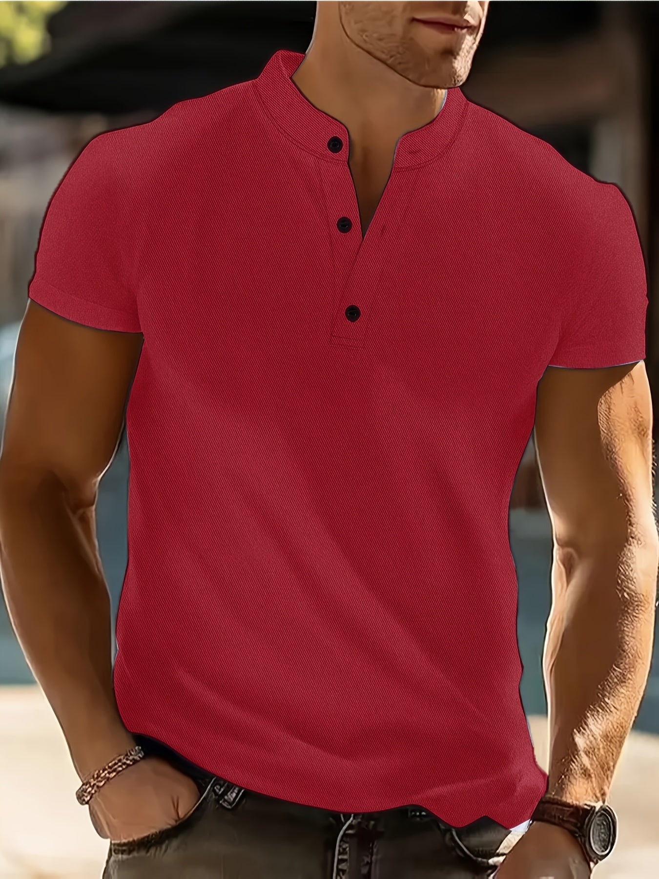 Men's Summer Short Sleeve T-Shirt - Lightweight Breathable Stand Collar Shirt with Button Detail, Solid Color Casual Sports Top for Business Casual & Outdoor Activities, Leisure Outing Apparel, Comfortable Fit Tee - SeviSa