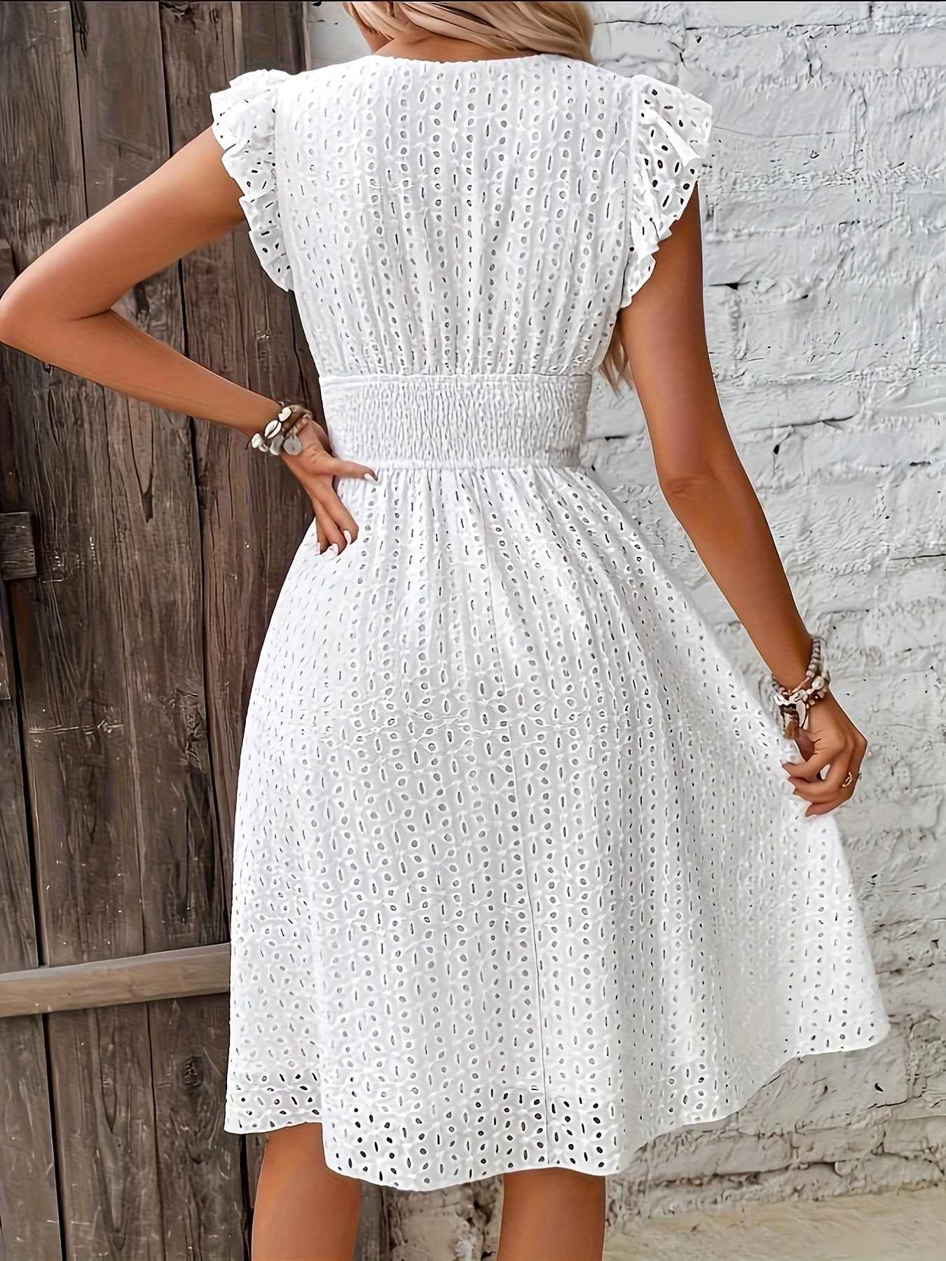 Elegant Ruffle Sleeve V-Neck Dress with Tiered Hem - Navy Blue, Knee-Length, Perfect for Spring & Summer, Women'S Fashion, Casual Elegance | Tiered Hem Dress | Ruffle Sleeve Dress