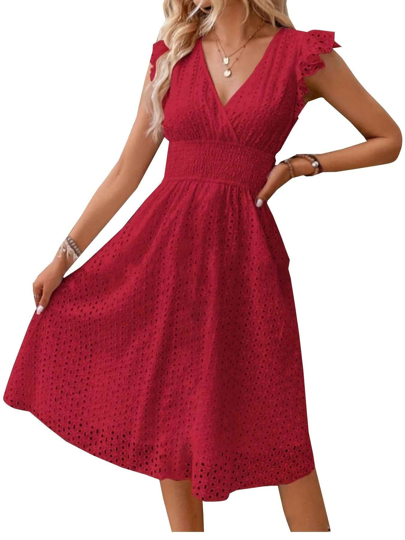 Elegant Ruffle Sleeve V-Neck Dress with Tiered Hem - Navy Blue, Knee-Length, Perfect for Spring & Summer, Women'S Fashion, Casual Elegance | Tiered Hem Dress | Ruffle Sleeve Dress