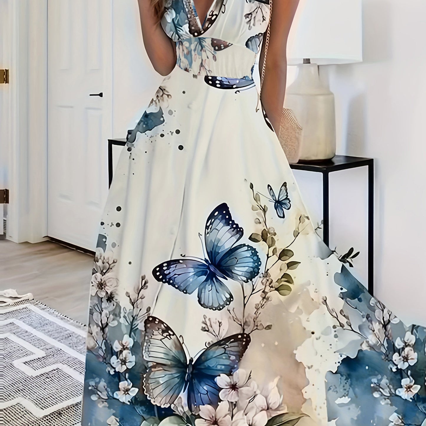 Women's Floral & Butterfly Print V-Neck Sleeveless Dress - Fitted Top & Flowy Skirt, Breathable All-Season Casual Outdoor Dress, Machine Washable, Seasonal Fashion, Sophisticated Casual, Comfortable Fit - SeviSa