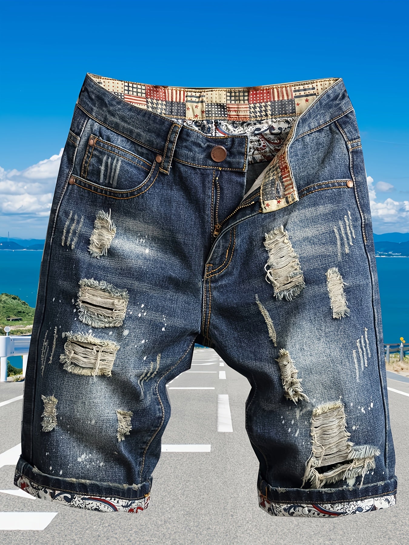 Men'S Plus Size Slim Fit Denim Shorts - Casual Ripped Jeans Style, Stretch Fabric, Solid Color, Mid-Rise, Ankle-Length with Button Closure, Summer Essential, Relaxed Fit Shorts | Distressed Denim Shorts | Comfortable Denim Sh - SeviSa