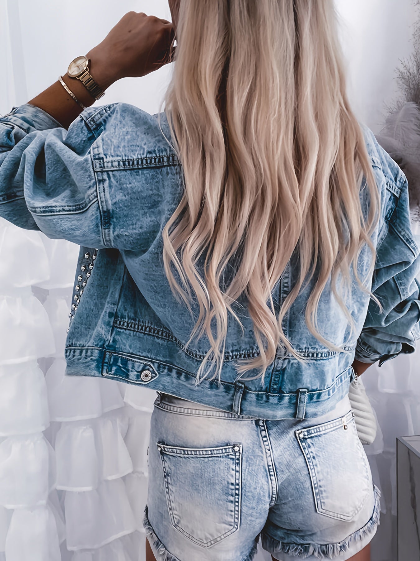 European and American Women's open-front studded short jacket with an OVERSIZE fit, size runs large; if you prefer a slim fit, consider purchasing one size smaller - SeviSa