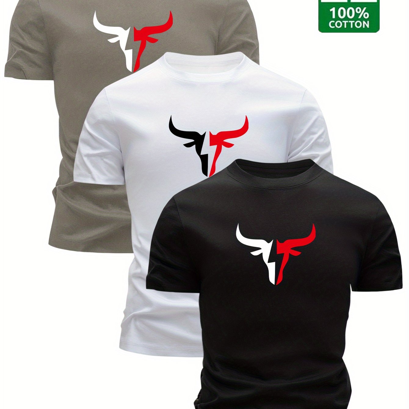 3pcs Men's 100% Cotton Graphic T-Shirts - Bold Bull Head & Letter Print, Slim Fit Short Sleeve Round Neck Tees for Summer Casual Wear, Breathable & Machine Washable, Everyday Comfort | Durable Fabric - SeviSa