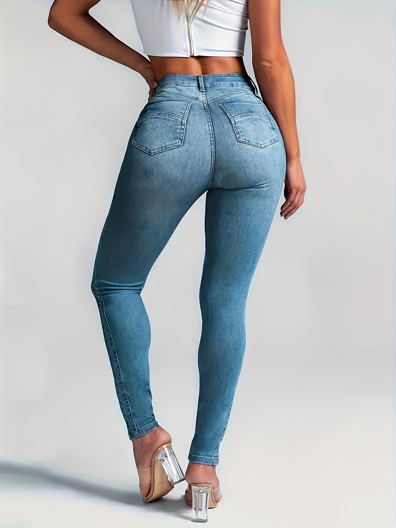 Women's Sexy High-Waisted Skinny Jeans, Stretch Denim, Plain Casual Fashion Pants, Light Blue For Fall - SeviSa