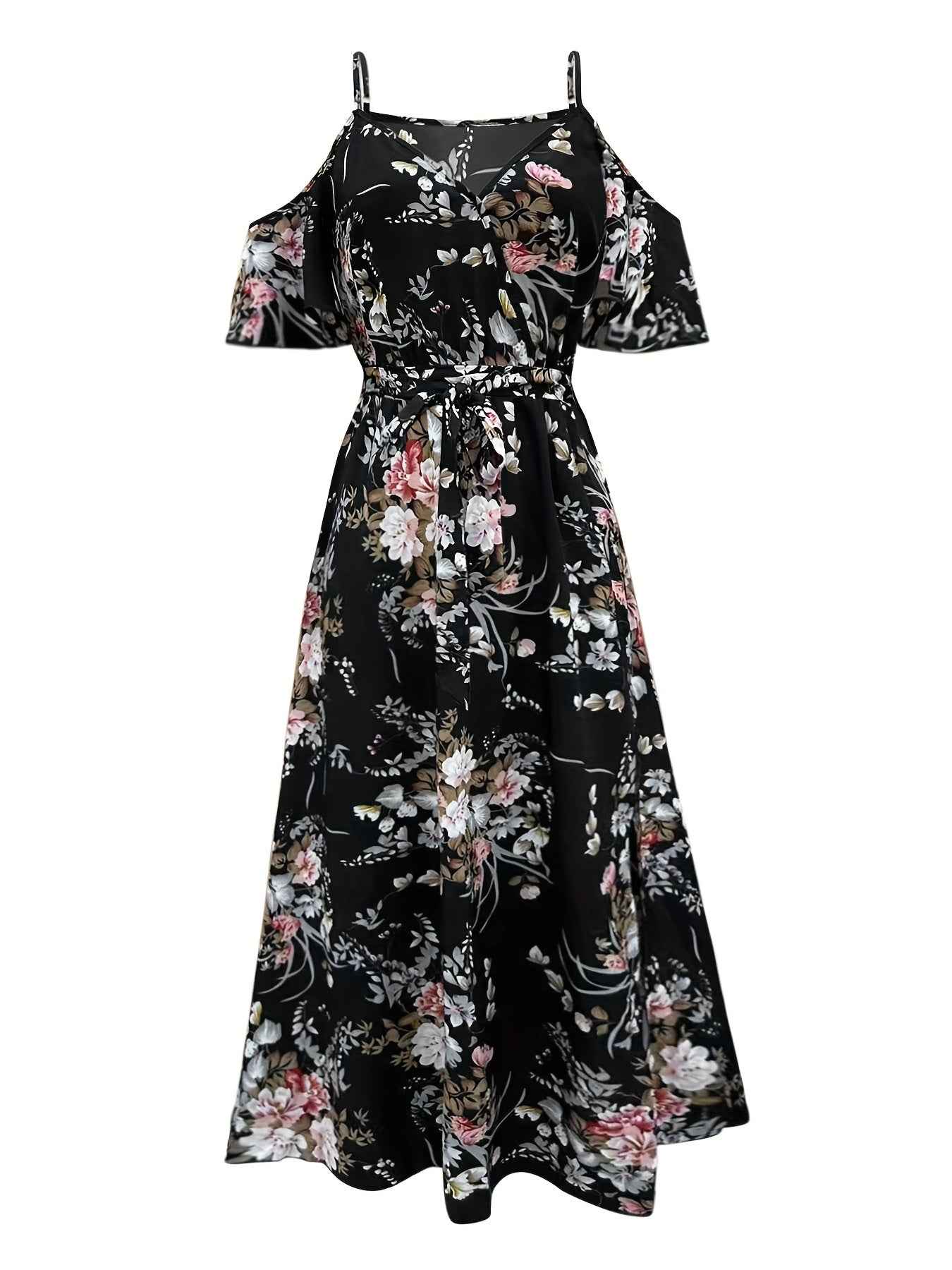 Elegant Floral Print V-Neck Maxi Dress with Tie-Waist and Ruffle Detail - Sleeveless, Flowy A-Line Skirt for Women, Perfect for Summer, Elegant Event Wear|Floral Print Dress|Polyester Fabric