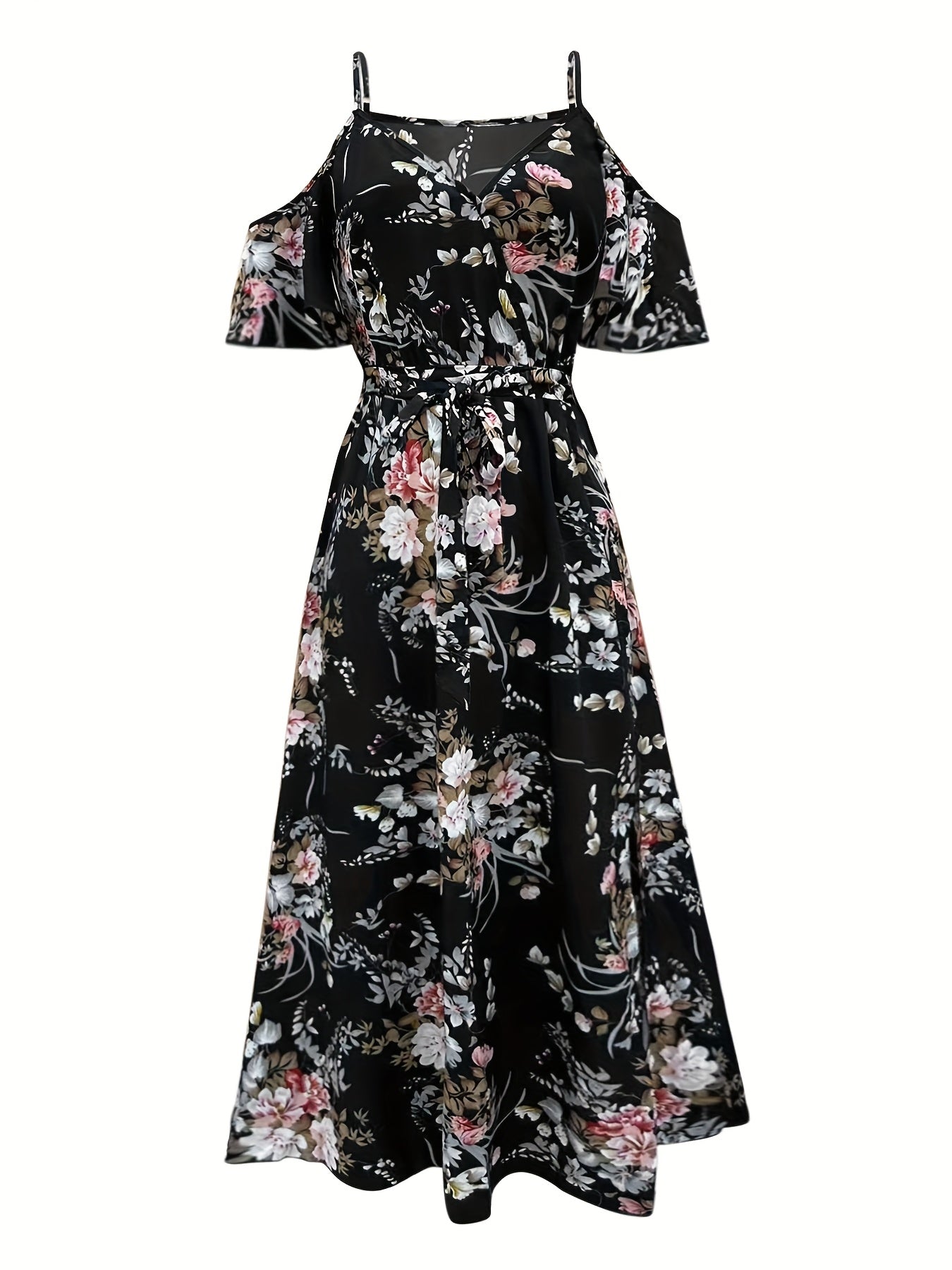 Elegant Floral Print V-Neck Maxi Dress with Tie-Waist and Ruffle Detail - Sleeveless, Flowy A-Line Skirt for Women, Perfect for Summer, Elegant Event Wear|Floral Print Dress|Polyester Fabric - SeviSa