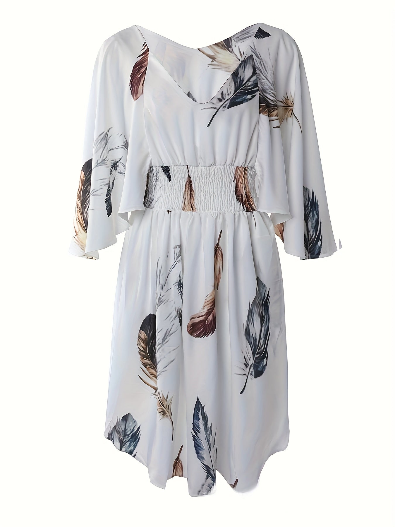 Women's Elegant V-Neck Batwing Sleeve Dress - White with Brown Botanical Print, A-Line Mid-Length Summer Dress, Fitted Top & Flowy Hem, Hand Wash Only, Casual Chic Wear, Natureinspired Print - SeviSa