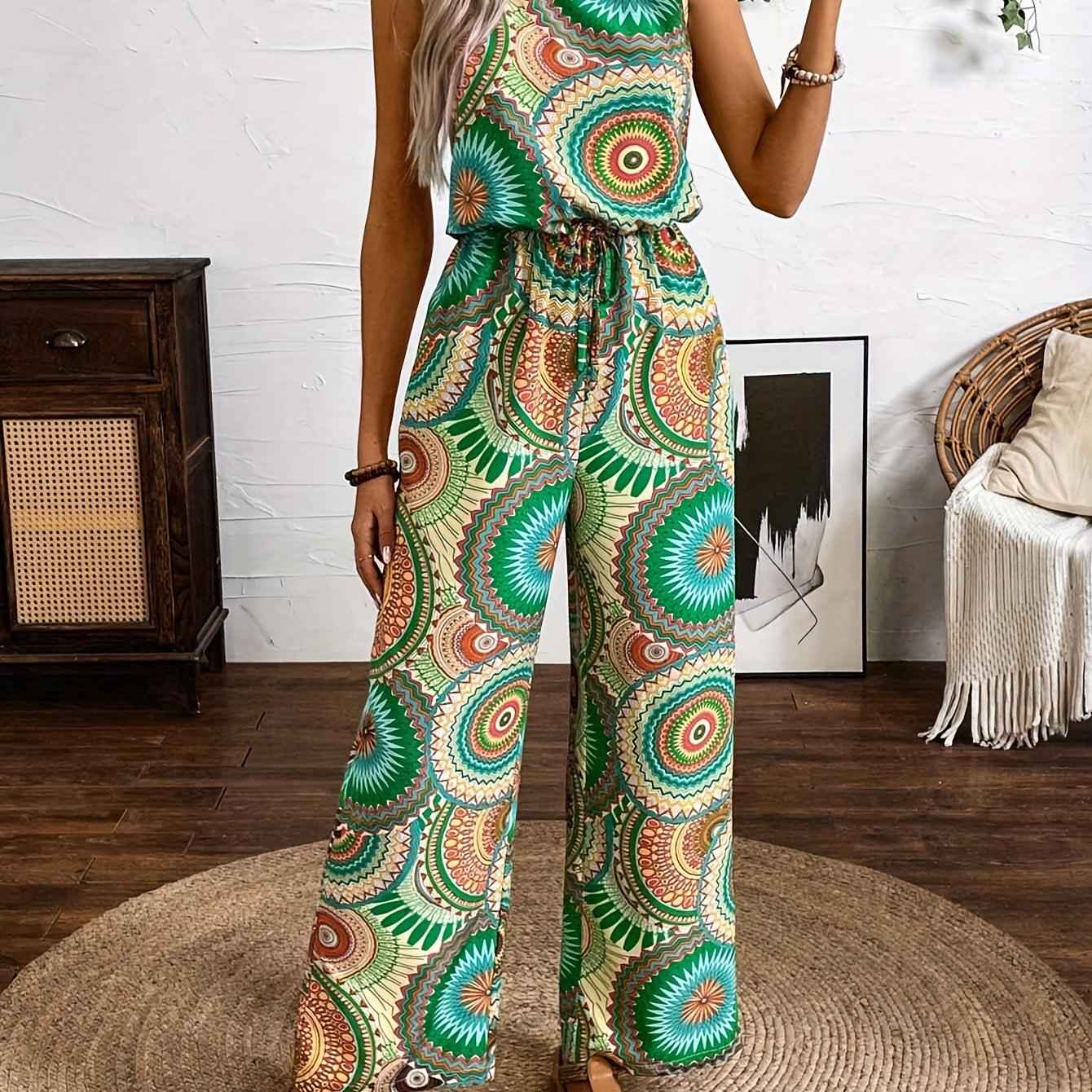 Casual Vacation Ethnic Style Sleeveless Women'S Jumpsuit with Circular Print