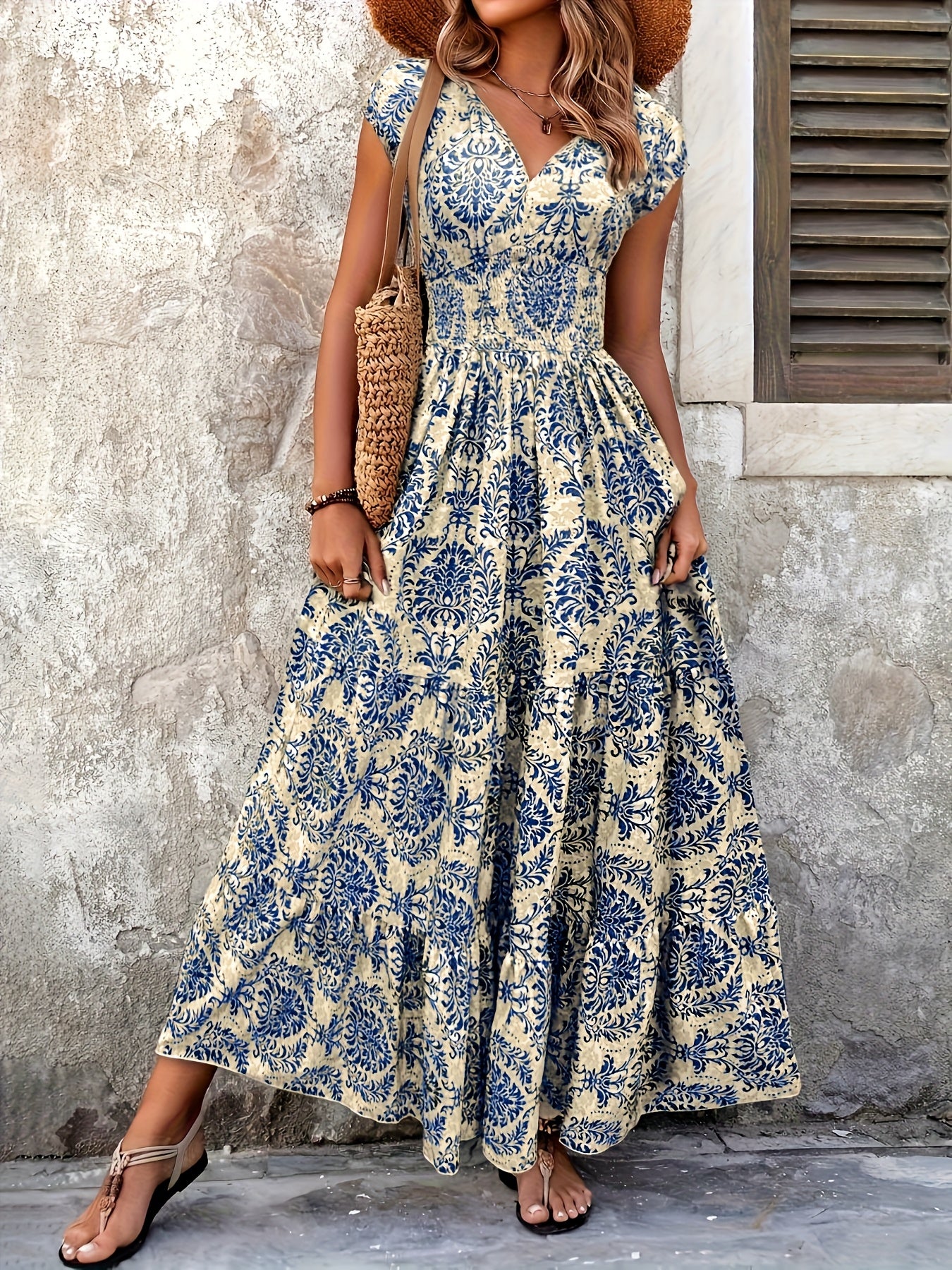 V-Neck Ruffled Hem Maxi Dress - Summer Beach Skirt with Floral Print, Cinched Waist & Flared Skirt, Lightweight Polyester for Adults, Beach Dresses - SeviSa
