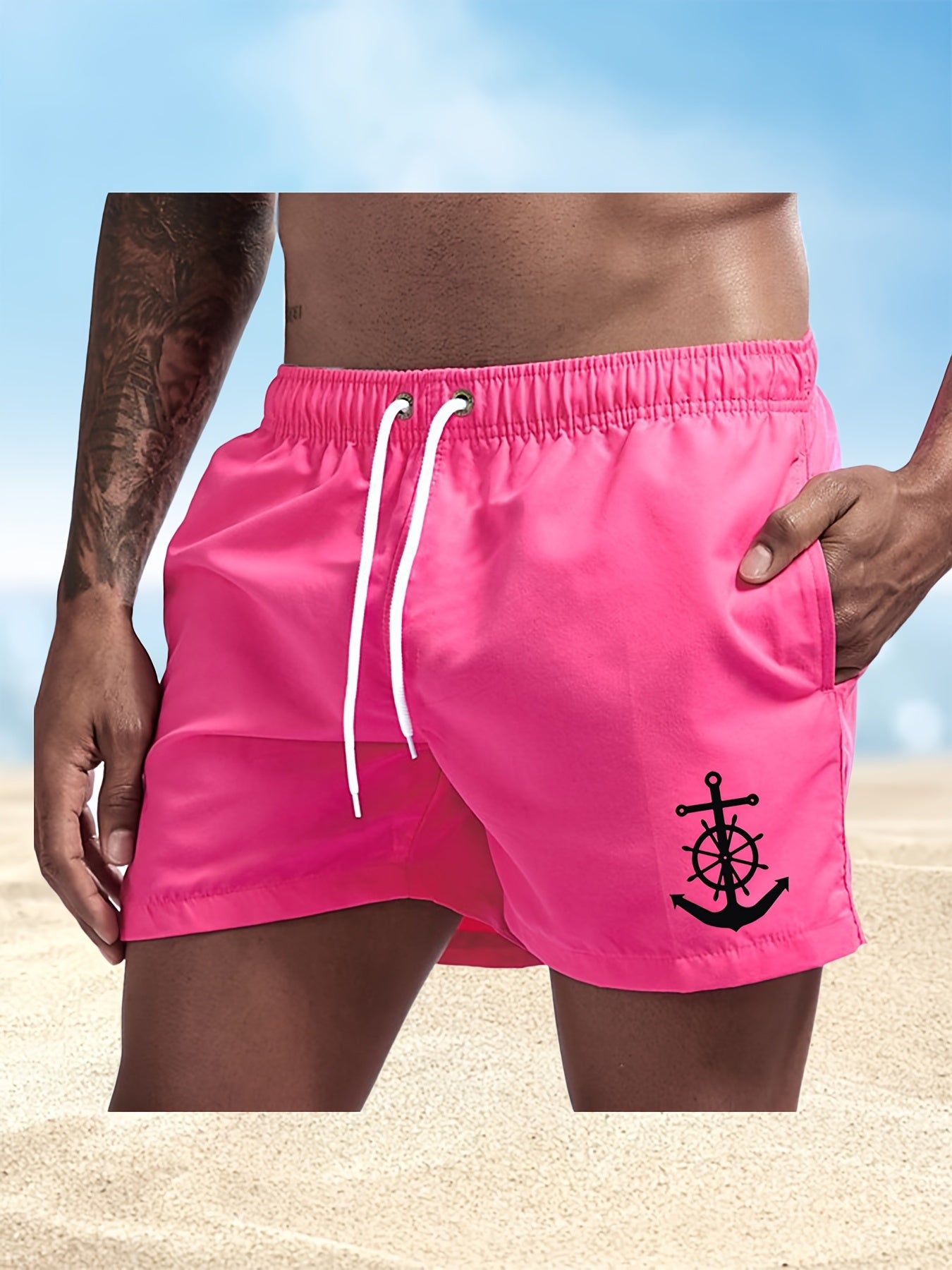 Men's Quick-Dry Swim Shorts - Navy Blue Board Shorts with Anchor design, Elastic Drawstring Waist - Lightweight Beach Swim Trunks for Surfing, Swimming, Gym, Vacation - Fast-Drying Quick Suit for Ocean & Pool Activities, Swim - SeviSa