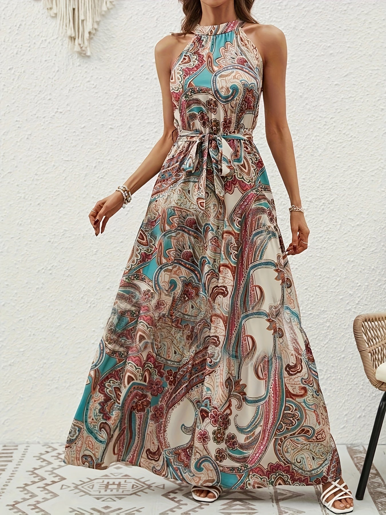 Elegant Bohemian Maxi Dress with Lace-Up Detail - High-Waisted, Sleeveless, Floral Print, Light Brown and Blue, Perfect for Adult Women, All-Season Versatile, Adult Women'S Dress|Floral Print Dress|Laceup Detail - SeviSa