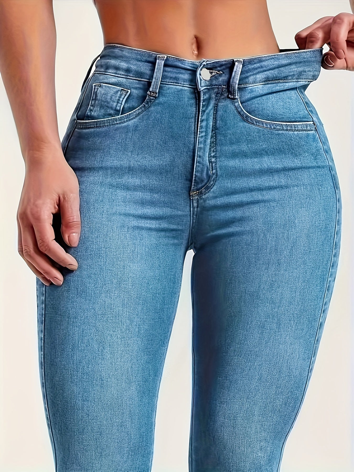Women's Sexy High-Waisted Skinny Jeans, Stretch Denim, Plain Casual Fashion Pants, Light Blue For Fall - SeviSa