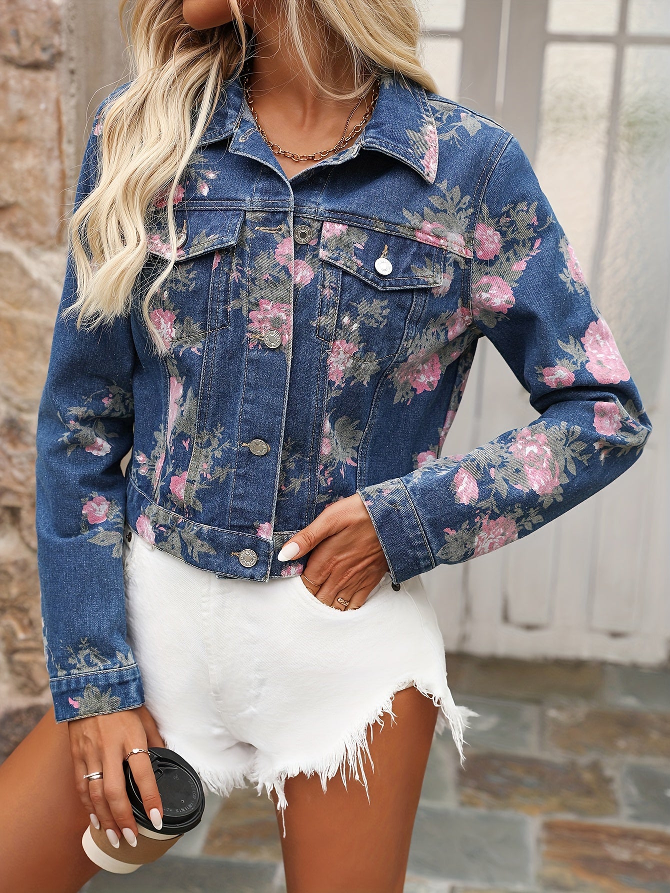 Women's Elegant Floral Print Denim Jacket, Stylish Cropped Outerwear, Casual Fashion Jean Coat For Spring/Summer - SeviSa