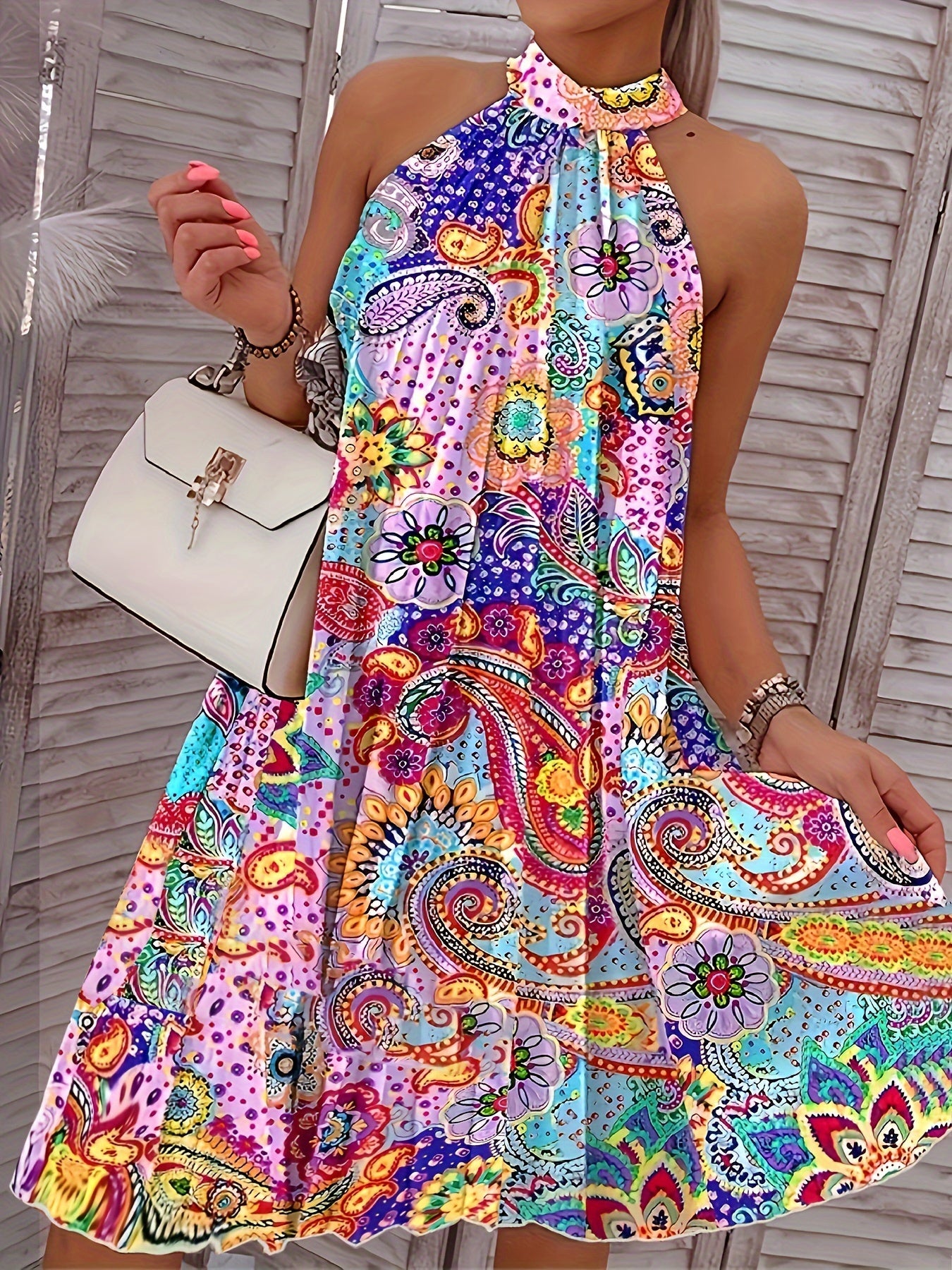 2024 European And American Summer New Geometric Pattern Printed Sleeveless Pleated Off-Shoulder Vacation Style Dress - SeviSa