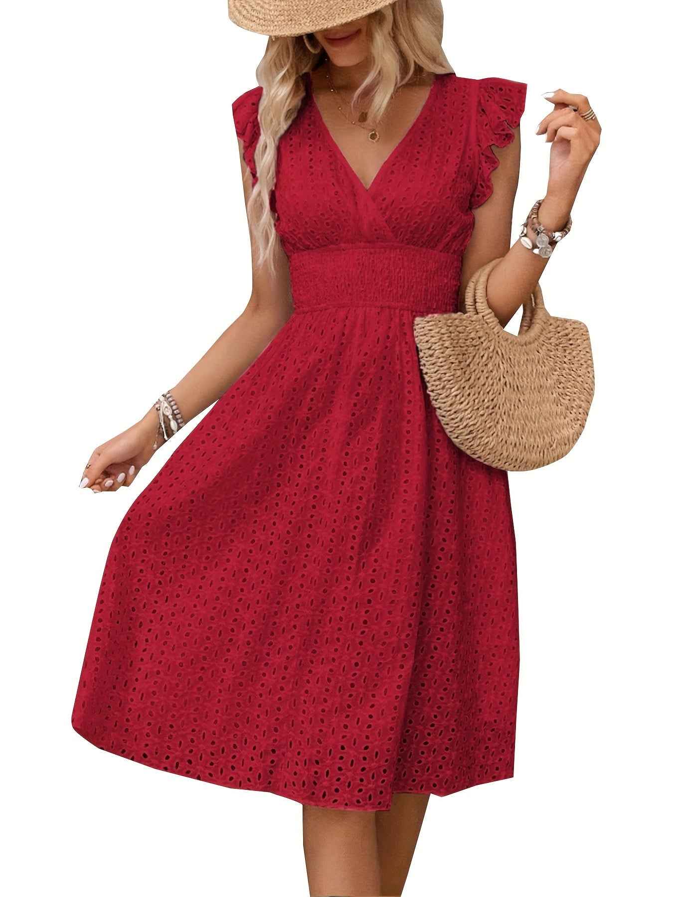 Elegant Ruffle Sleeve V-Neck Dress with Tiered Hem - Navy Blue, Knee-Length, Perfect for Spring & Summer, Women'S Fashion, Casual Elegance | Tiered Hem Dress | Ruffle Sleeve Dress