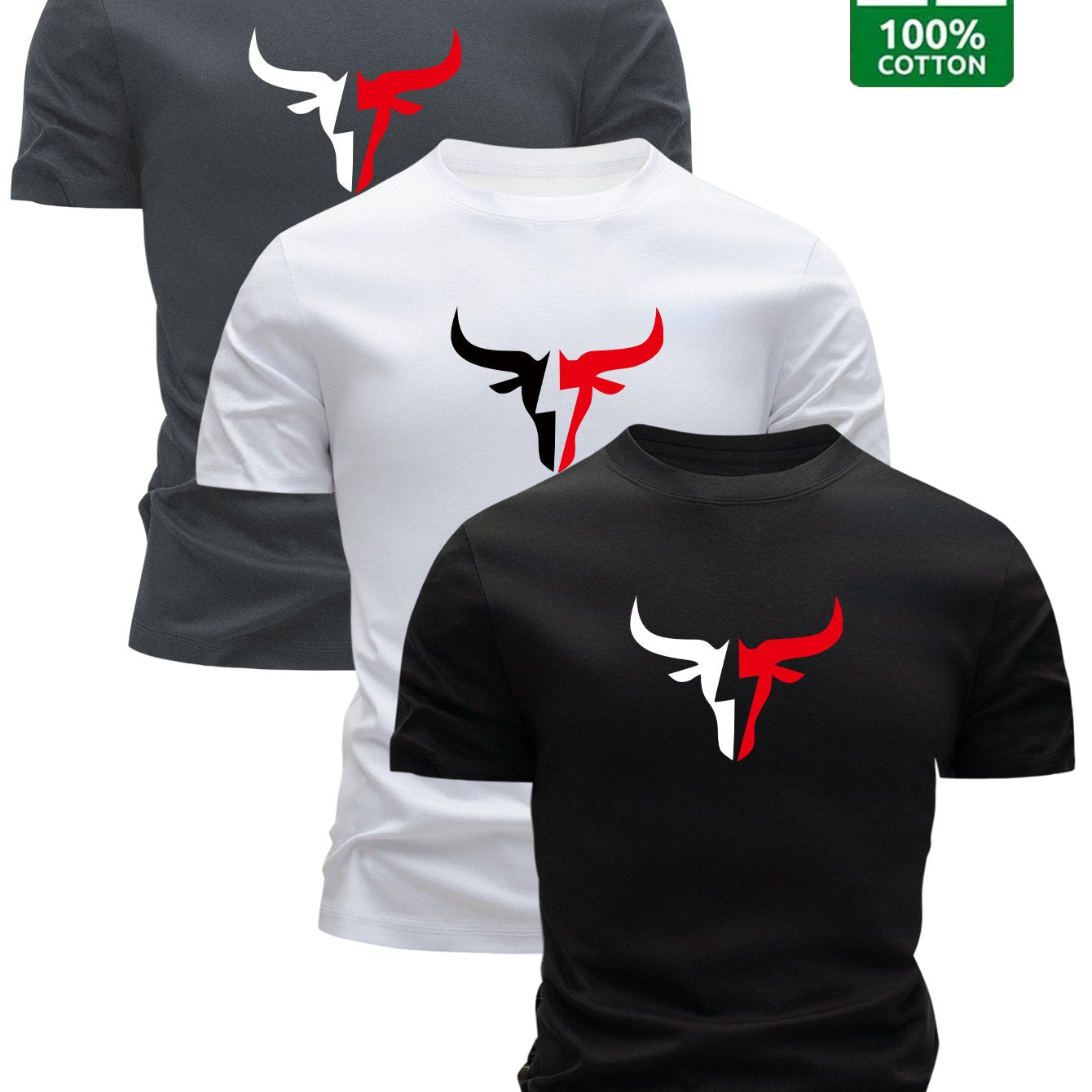 3pcs Men's 100% Cotton Graphic T-Shirts - Bold Bull Head & Letter Print, Slim Fit Short Sleeve Round Neck Tees for Summer Casual Wear, Breathable & Machine Washable, Everyday Comfort | Durable Fabric - SeviSa