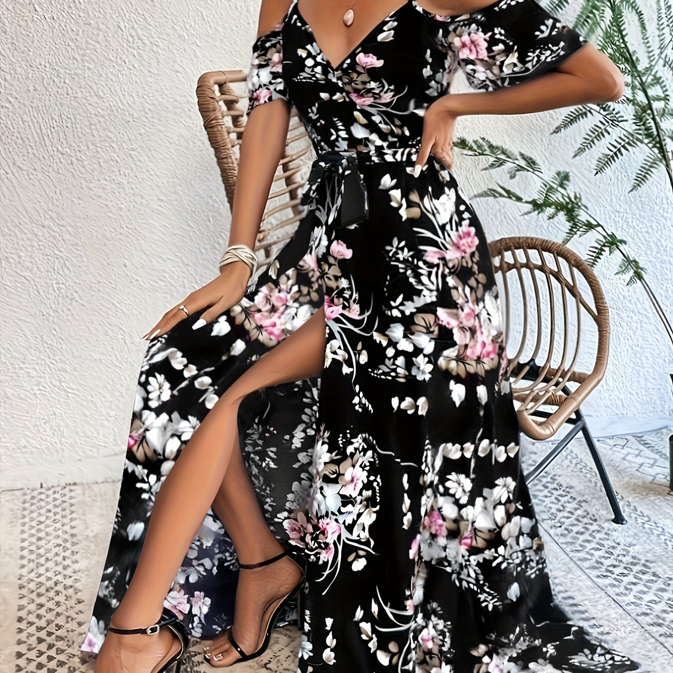 Elegant Floral Print V-Neck Maxi Dress with Tie-Waist and Ruffle Detail - Sleeveless, Flowy A-Line Skirt for Women, Perfect for Summer, Elegant Event Wear|Floral Print Dress|Polyester Fabric - SeviSa