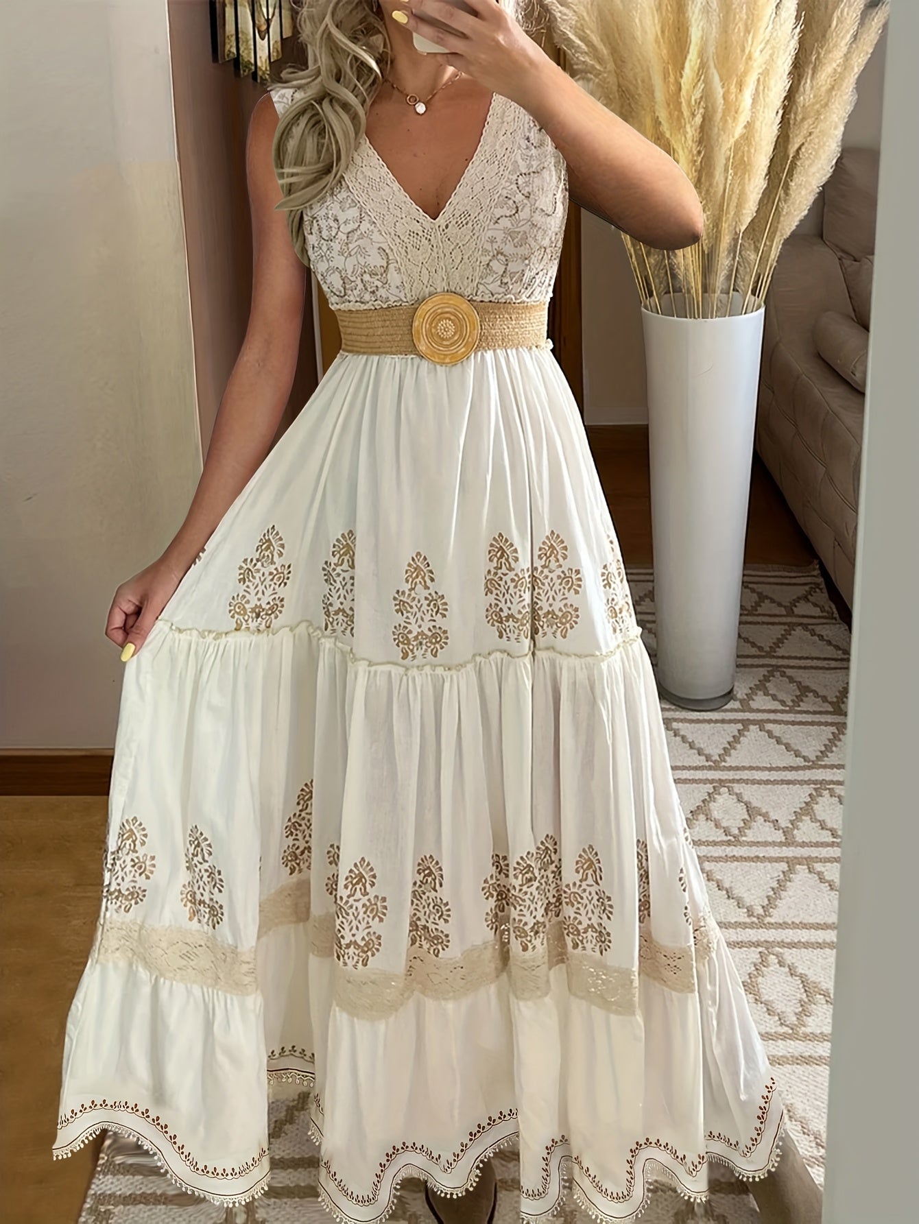 Vintage Floral Lace V-Neck Flare Sleeve Tiered Maxi Dress - Lightweight Breathable Non-Stretch Fabric, Hand Wash Only, Spring Summer Fall Women's Casual & Formal Dress, Lace Dress, Seasonal Fashion, Intricate Embroidery, Vaca - SeviSa