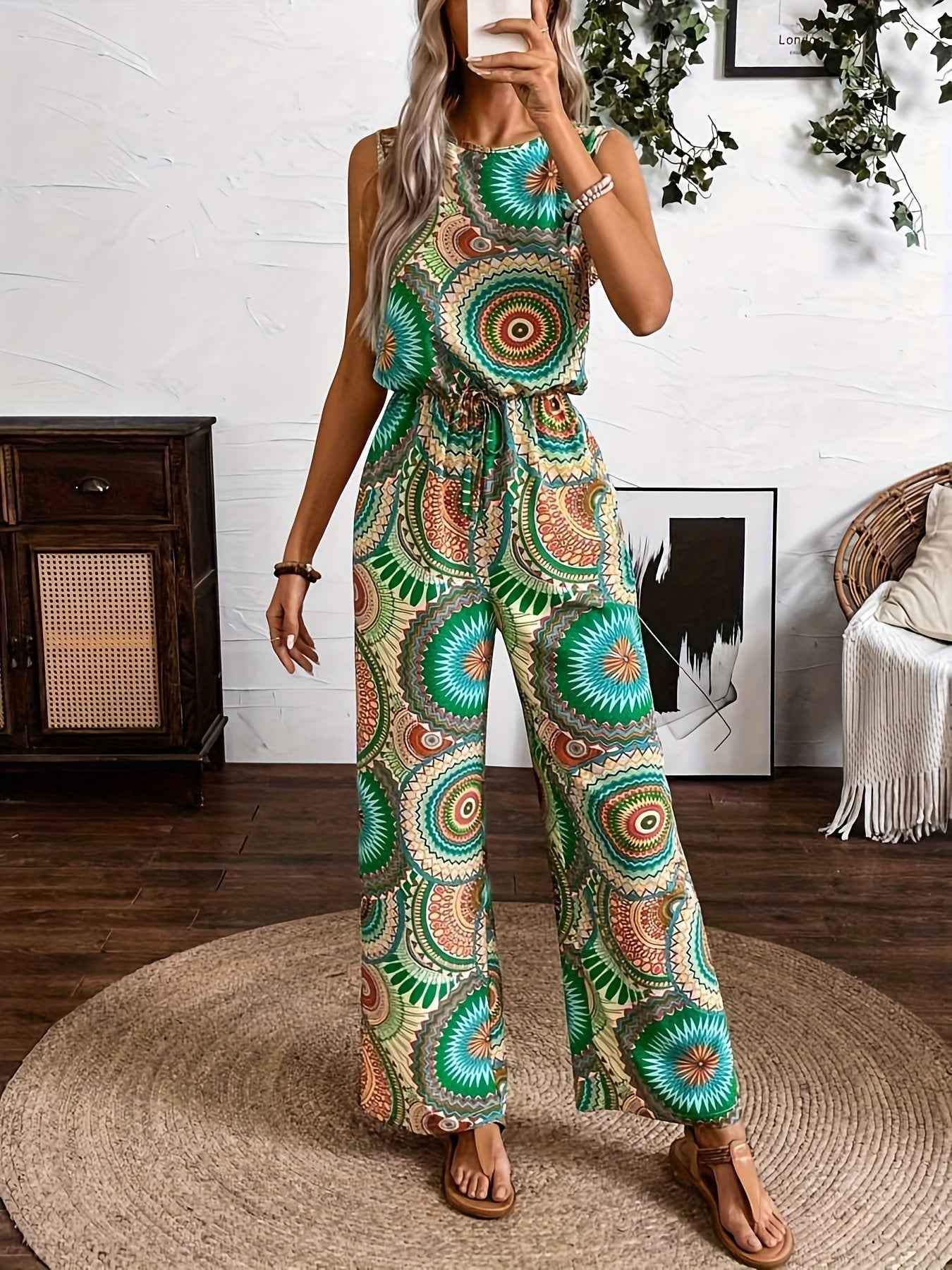 Casual Vacation Ethnic Style Sleeveless Women'S Jumpsuit with Circular Print