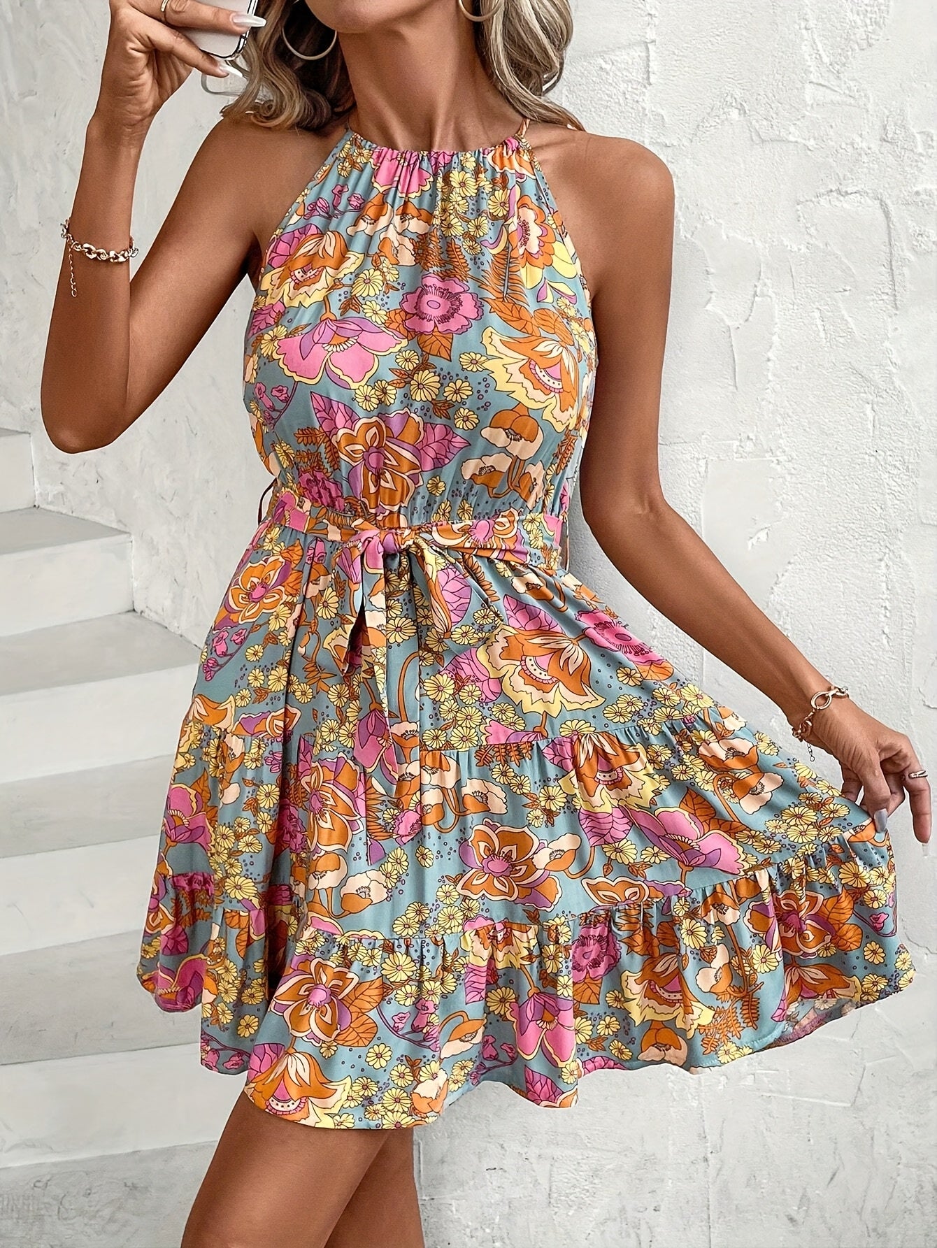 Vibrant Floral Print Off-Shoulder Midi Dress with Elastic Waist and Ruffled Hem - Casual Summer Sun Dress for Women, A-Line Silhouette, Lightweight Polyester Fabric, Perfect for Beach Outings or Stylish Evenings, Casual Outin - SeviSa